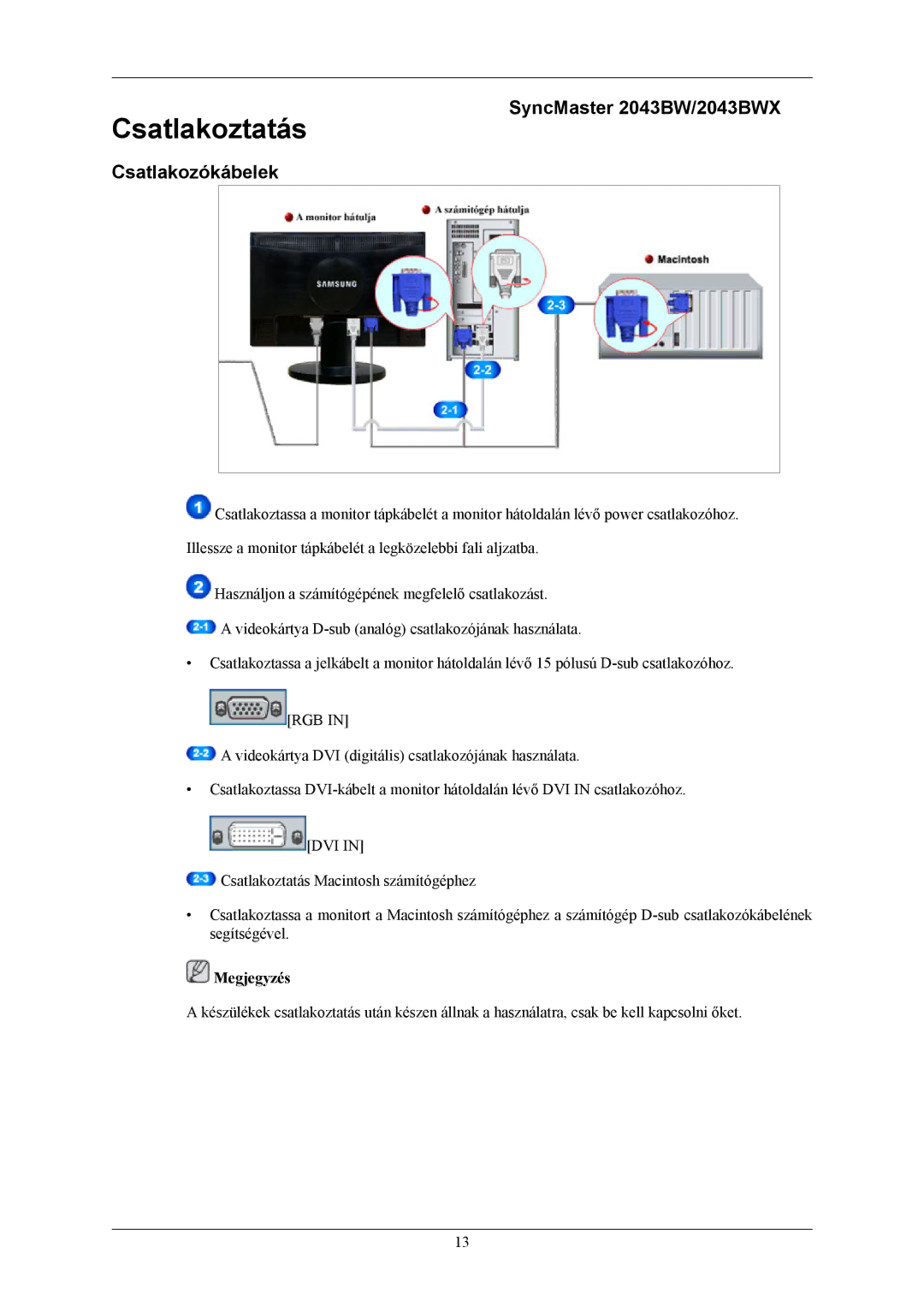 Samsung LS22MYKEBQ/EDC, LS22MYKESQ/EDC, LS22MYKESCA/EN manual Csatlakoztatás, Csatlakozókábelek SyncMaster 2043BW/2043BWX 