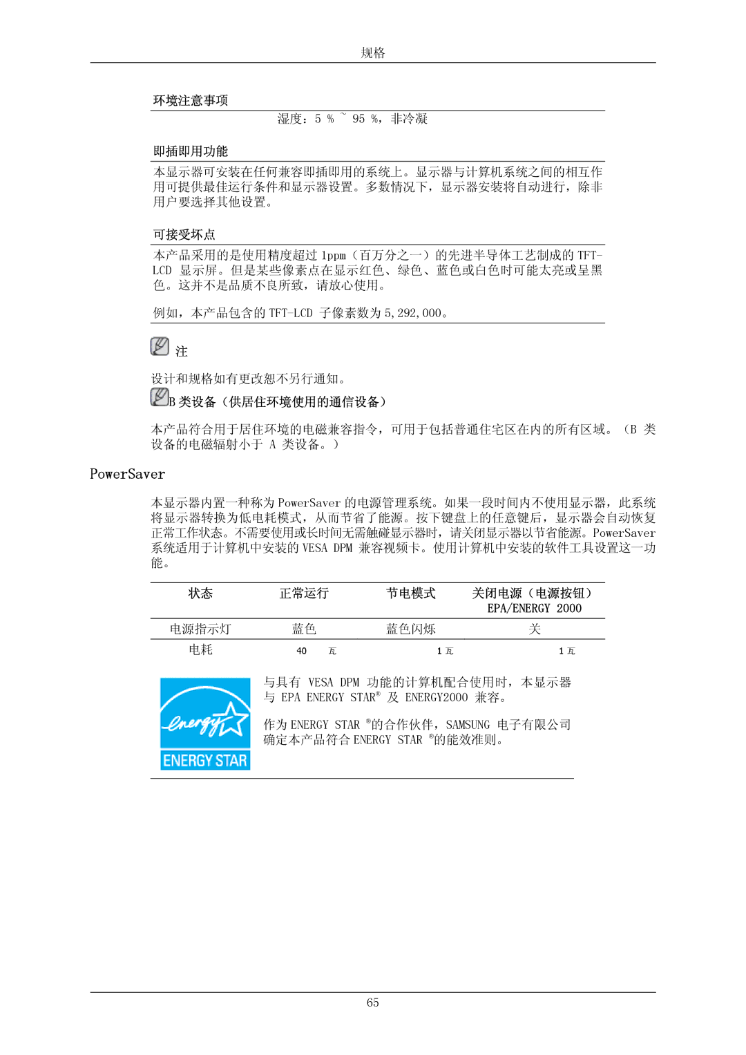 Samsung LS22MYKESQ/EDC, LS22MYKESCA/EN, LS22MYKEBQ/EDC, LS20MYKESQ/EDC, LS22MYKEBCA/EN, LS20MYKEBQ/EDC manual 湿度：5 % ~ 95 %，非冷凝 