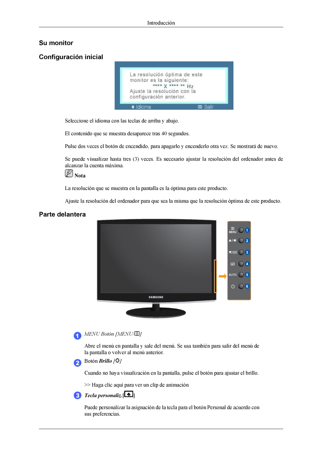 Samsung LS22MYLKFZ/EDC, LS22MYLKF/EDC, LS22CMKKFV/EN Su monitor Configuración inicial, Parte delantera, Menu Botón Menu 