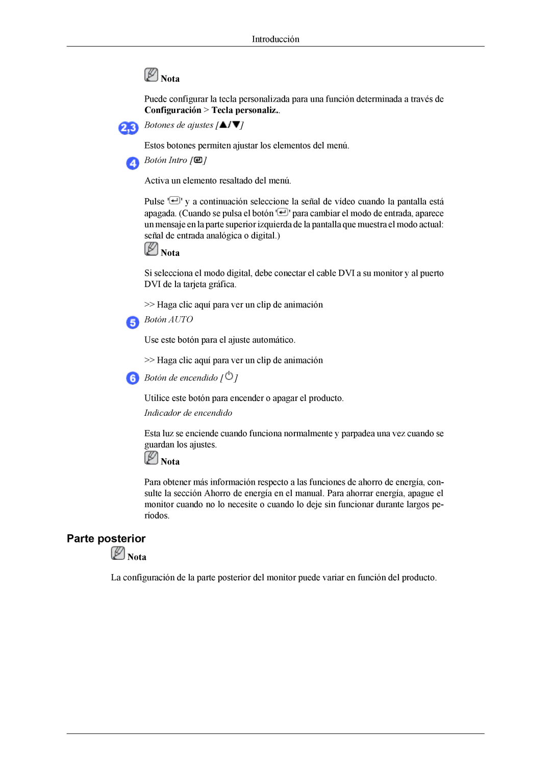 Samsung LS22MYLKF/EDC manual Parte posterior, Botones de ajustes, Botón Intro, Botón de encendido, Indicador de encendido 