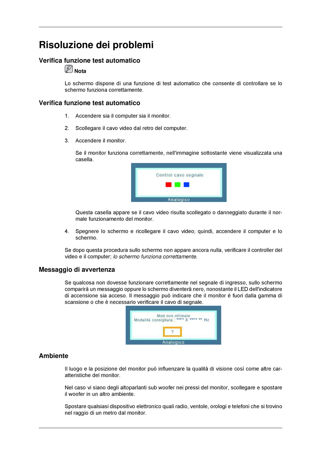 Samsung LS22MYLKF/EDC manual Risoluzione dei problemi, Verifica funzione test automatico, Messaggio di avvertenza, Ambiente 