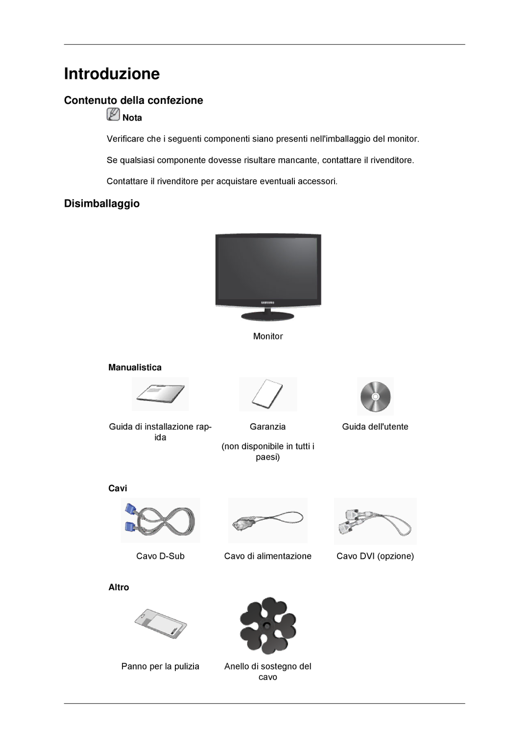 Samsung LS22CMKKFVA/EN, LS22MYLKF/EDC, LS22CMKKFV/EN, LS22MYLKF/CLT Introduzione, Contenuto della confezione, Disimballaggio 