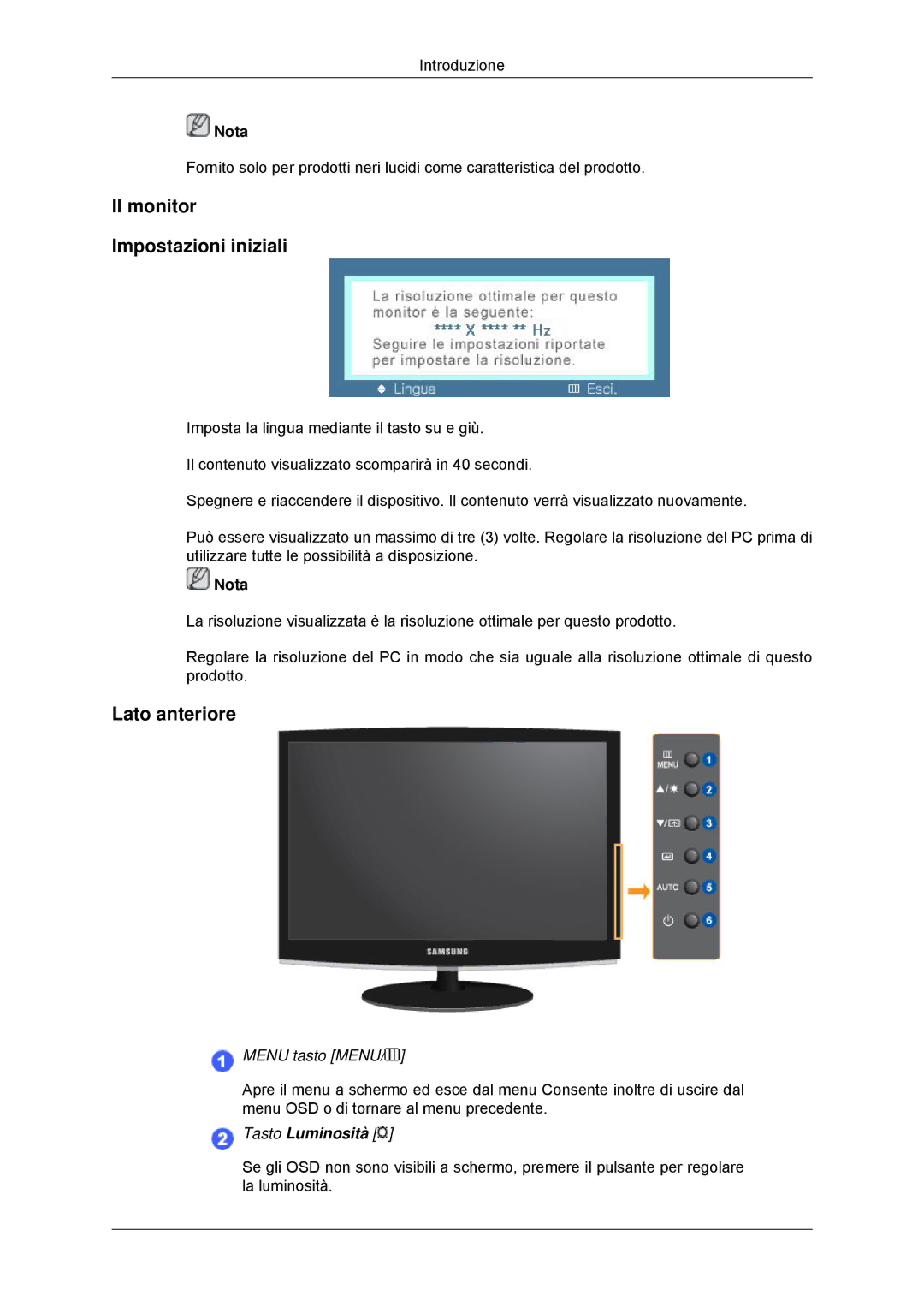 Samsung LS22AQWJFV/EDC, LS22MYLKF/EDC, LS22CMKKFV/EN manual Il monitor Impostazioni iniziali, Lato anteriore, Menu tasto Menu 