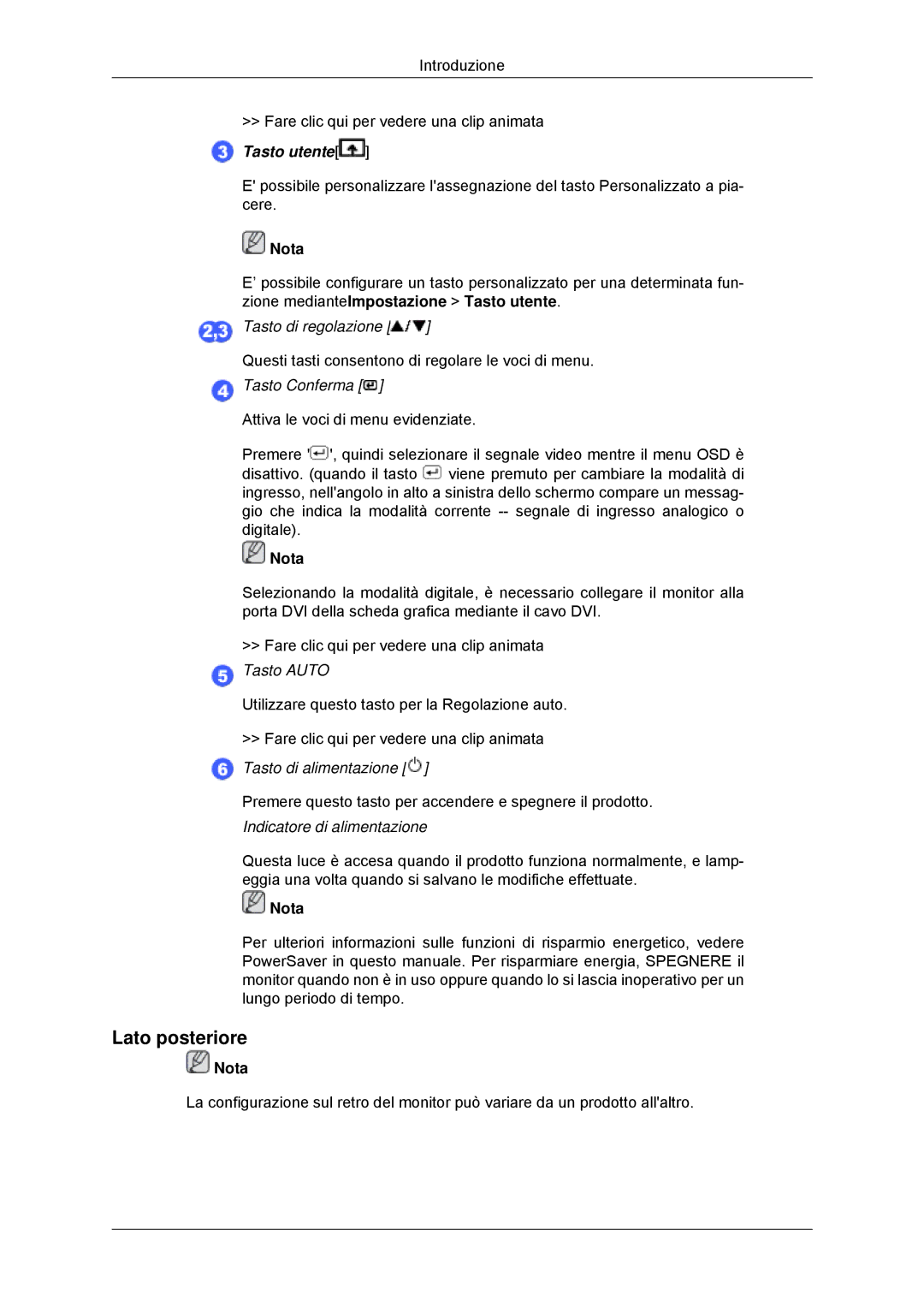 Samsung LS22MYLKF/CLT, LS22MYLKF/EDC manual Lato posteriore, Tasto di regolazione, Tasto Conferma, Tasto di alimentazione 