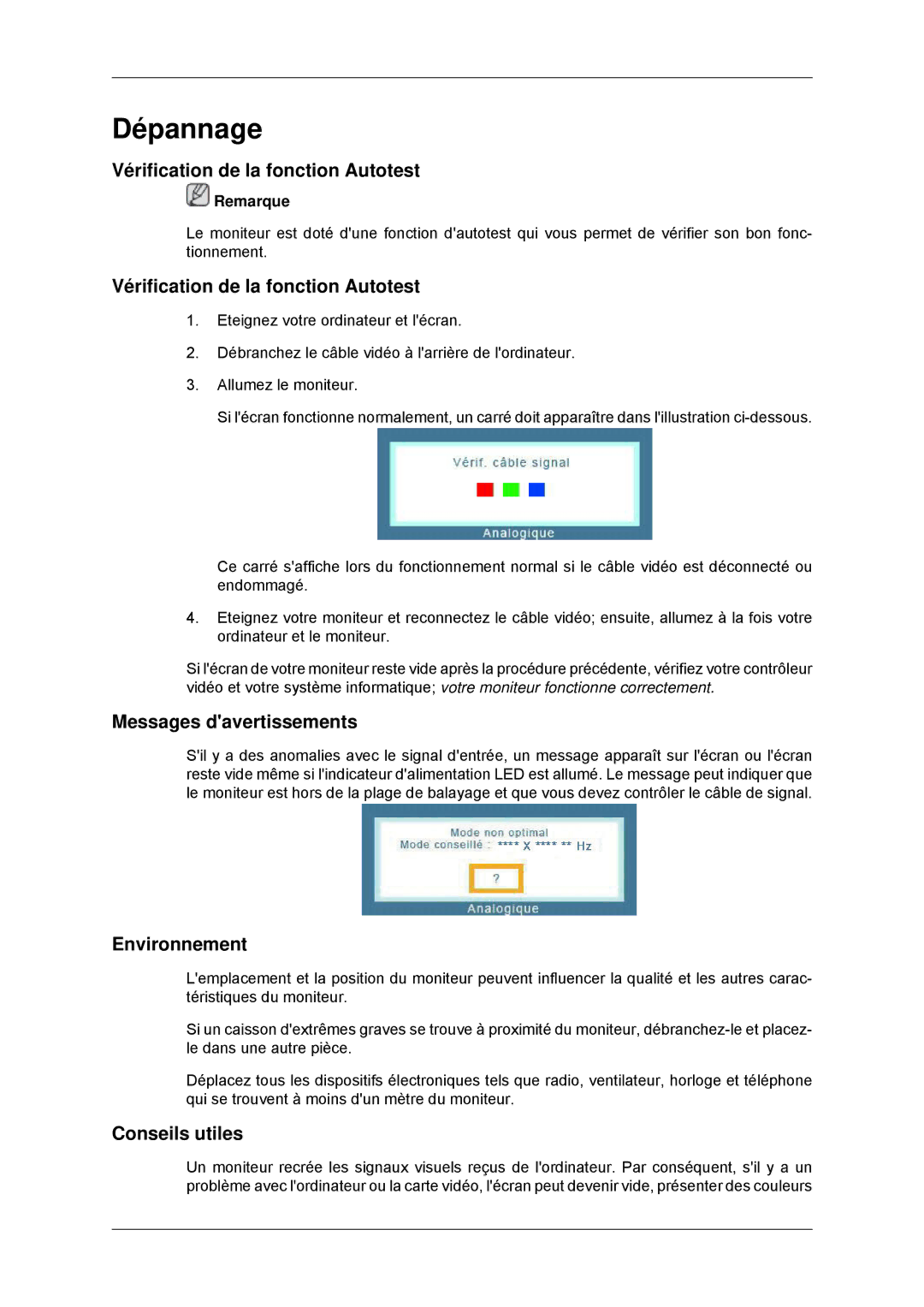 Samsung LS22MYLKF/EDC manual Dépannage, Vérification de la fonction Autotest, Messages davertissements, Environnement 