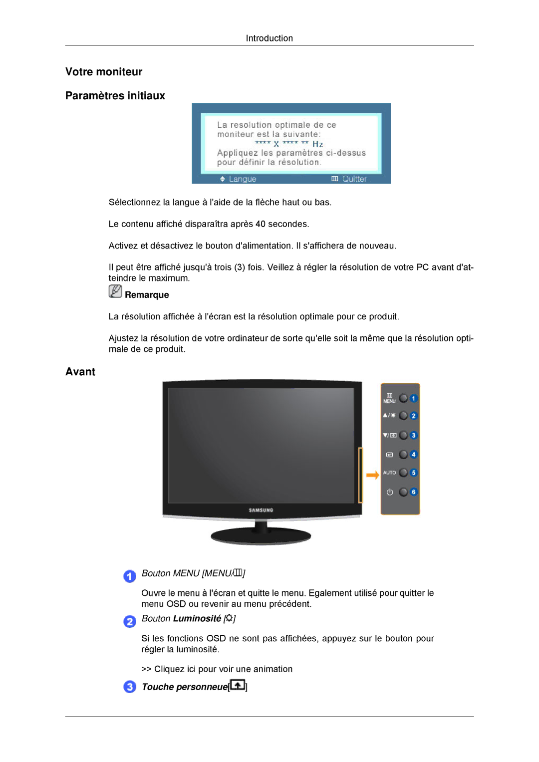 Samsung LS22CMKKFVA/EN, LS22MYLKF/EDC, LS22CMKKFV/EN manual Votre moniteur Paramètres initiaux, Avant, Bouton Menu Menu 