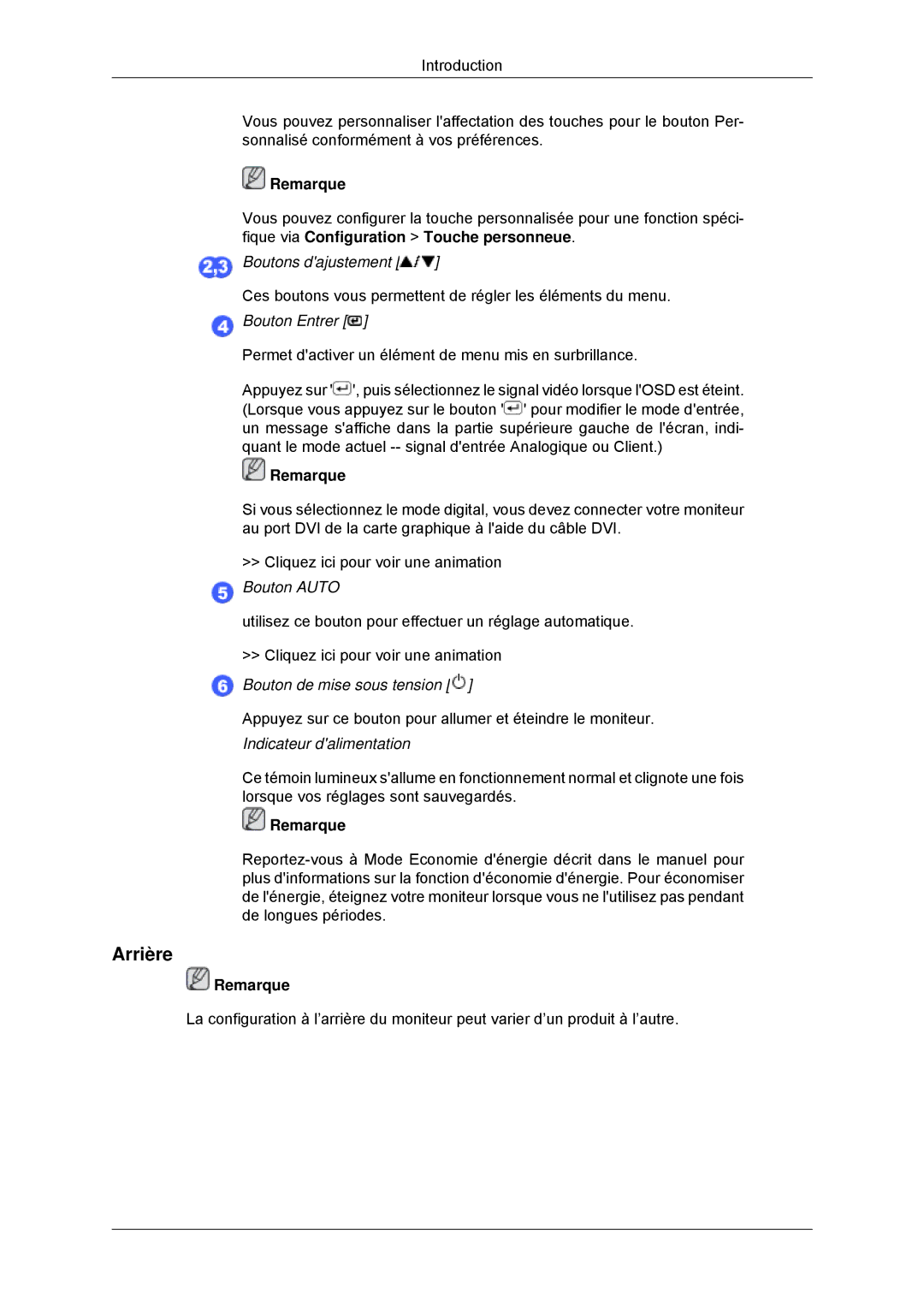 Samsung LS22AQWJFV/EDC Arrière, Boutons dajustement, Bouton Entrer, Bouton de mise sous tension, Indicateur dalimentation 