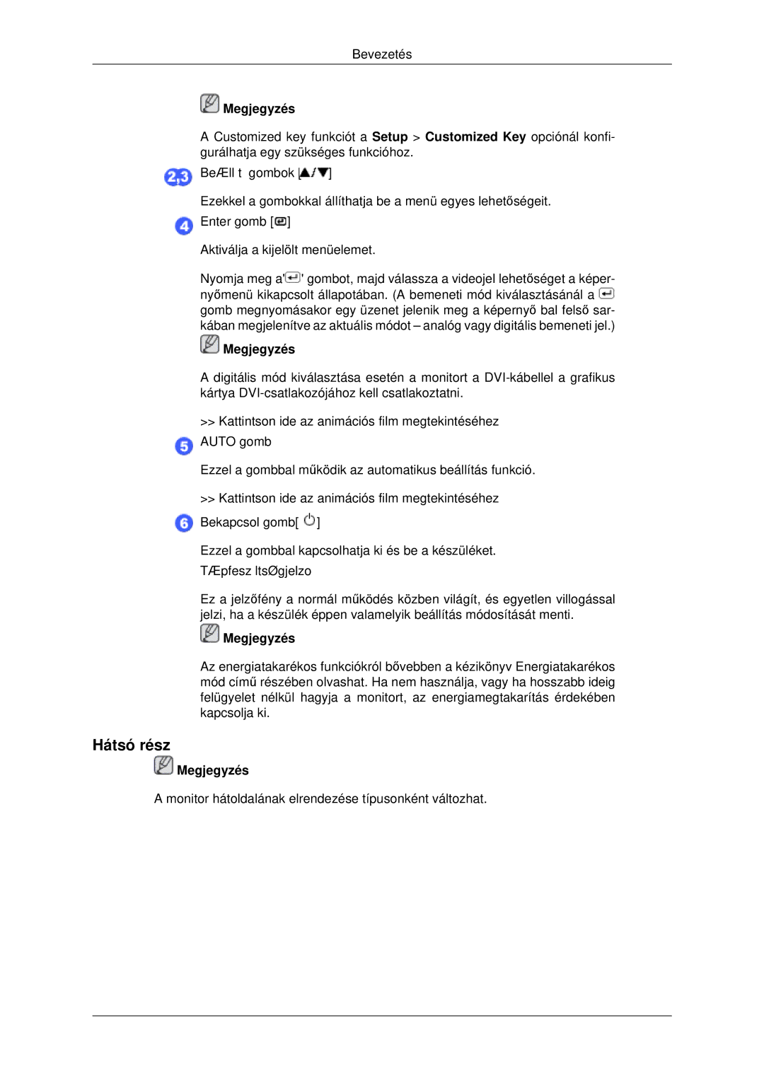 Samsung LS22AQWJFV/EDC, LS22MYLKF/EDC manual Hátsó rész, Beállító gombok, Enter gomb, Bekapcsológomb, Tápfeszültségjelzo 