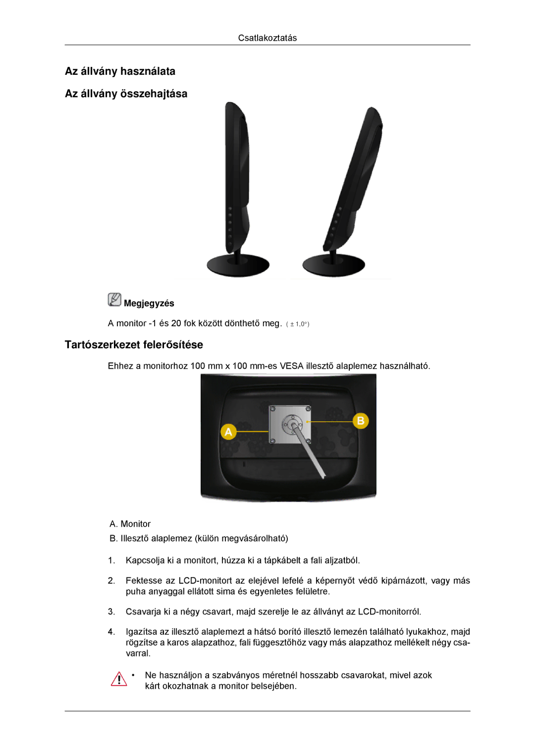 Samsung LS22CMKKFV/EN, LS22MYLKF/EDC manual Az állvány használata Az állvány összehajtása, Tartószerkezet felerősítése 