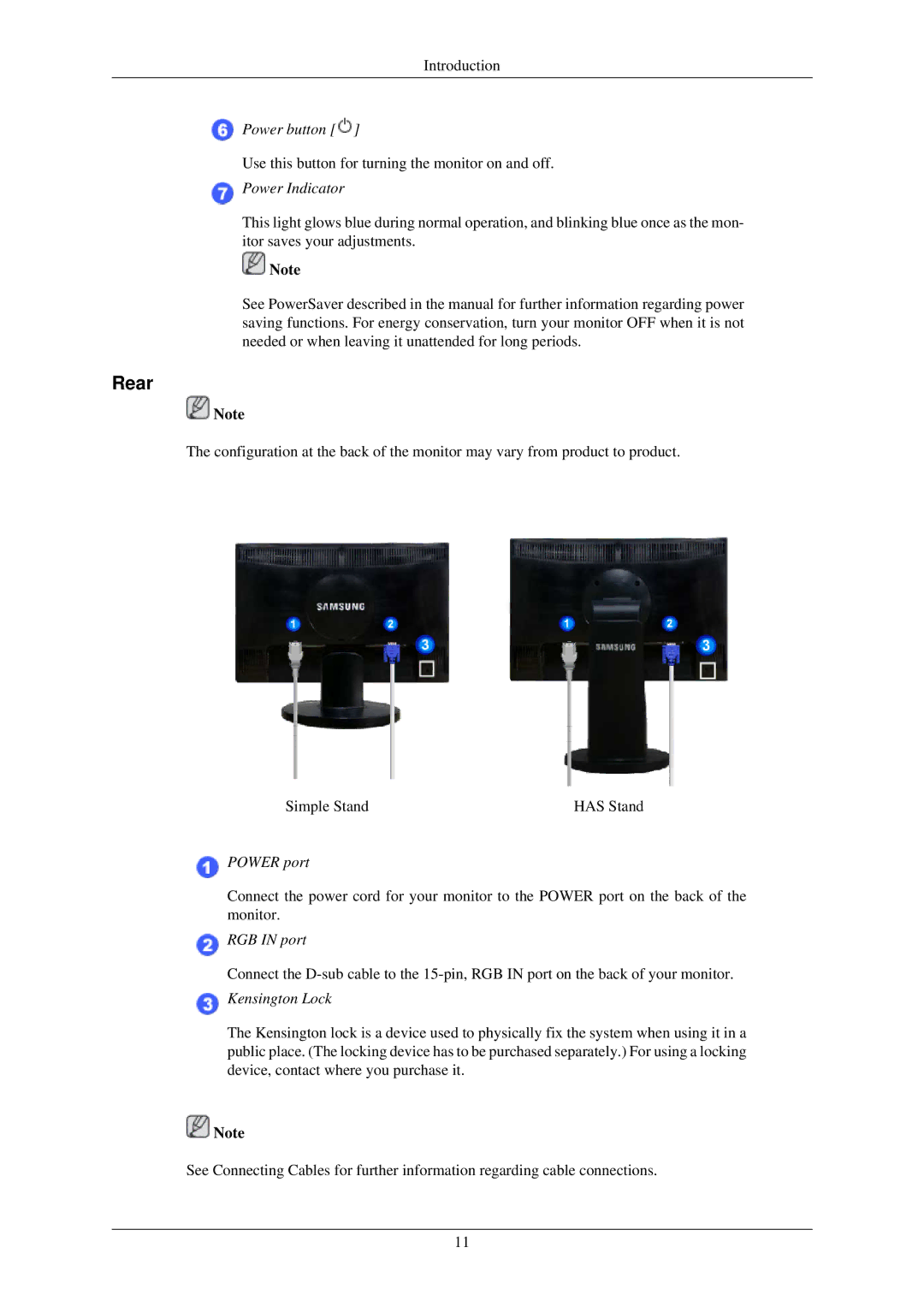 Samsung LS22MYLKF/EDC, LS22MYLKF/CLT, LS22MYLKFZ/EDC manual Rear, Power Indicator 