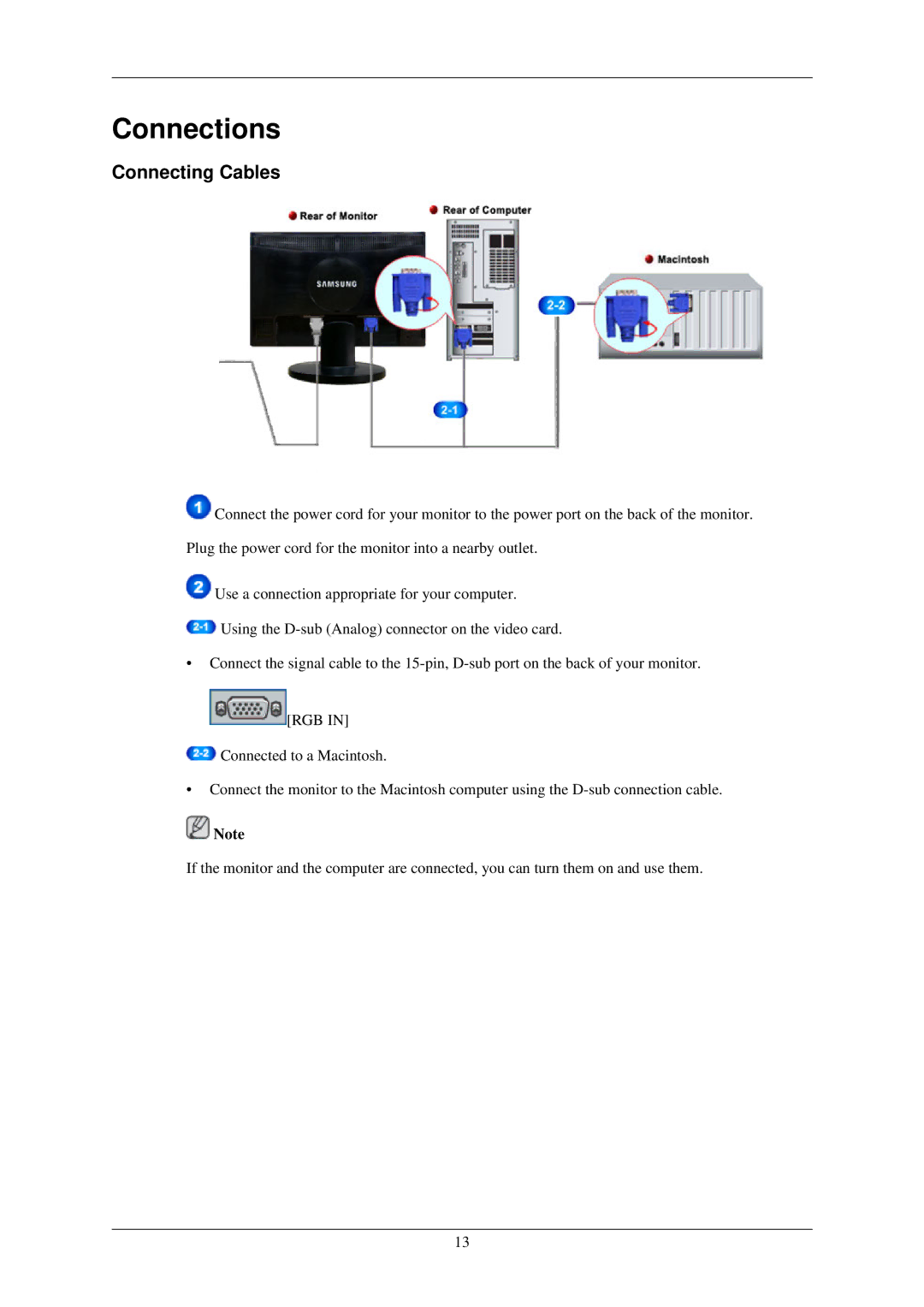 Samsung LS22MYLKFZ/EDC, LS22MYLKF/EDC, LS22MYLKF/CLT manual Connections, Connecting Cables 