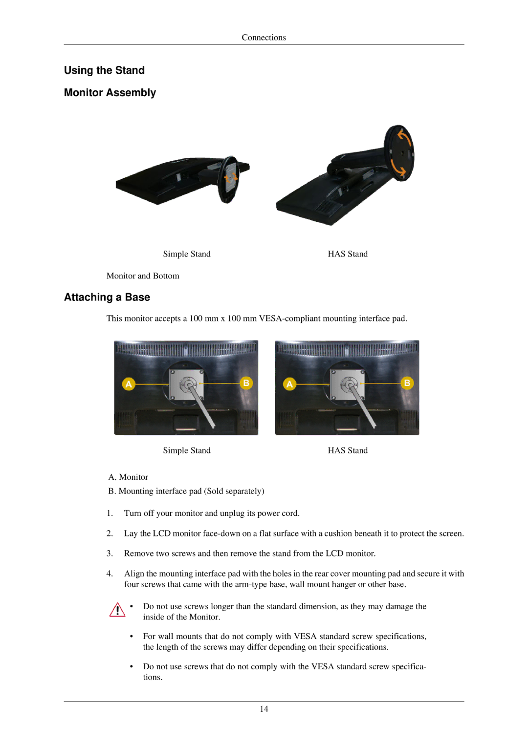 Samsung LS22MYLKF/EDC, LS22MYLKF/CLT, LS22MYLKFZ/EDC manual Using the Stand Monitor Assembly, Attaching a Base 