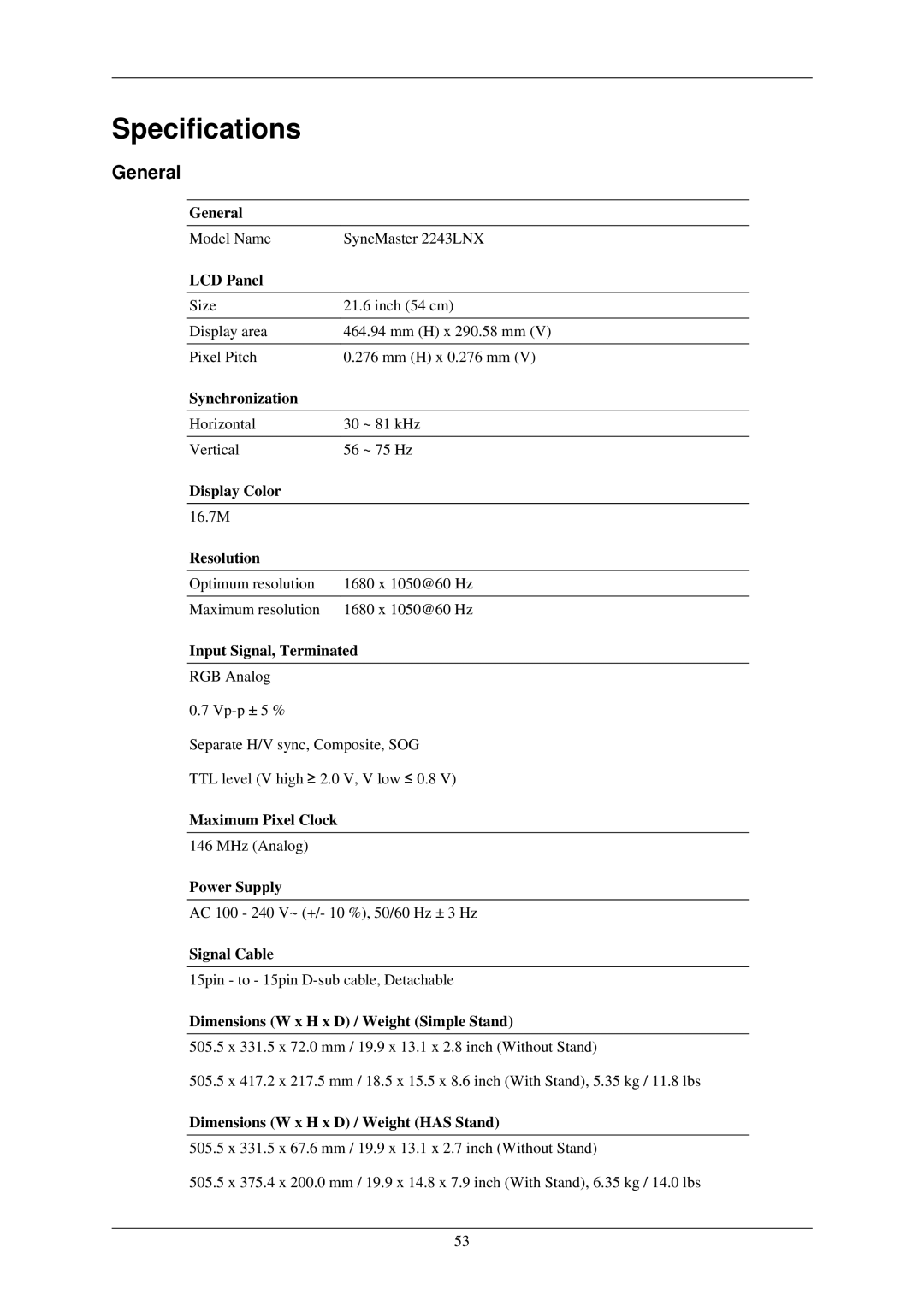 Samsung LS22MYLKF/EDC, LS22MYLKF/CLT, LS22MYLKFZ/EDC manual Specifications, General 