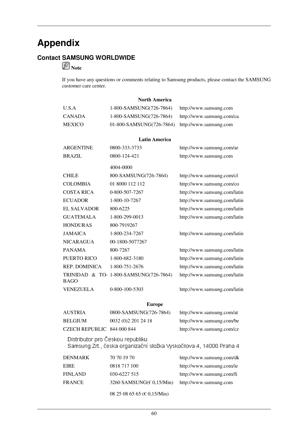 Samsung LS22MYLKF/CLT, LS22MYLKF/EDC manual Appendix, Contact Samsung Worldwide, North America, Latin America, Europe 