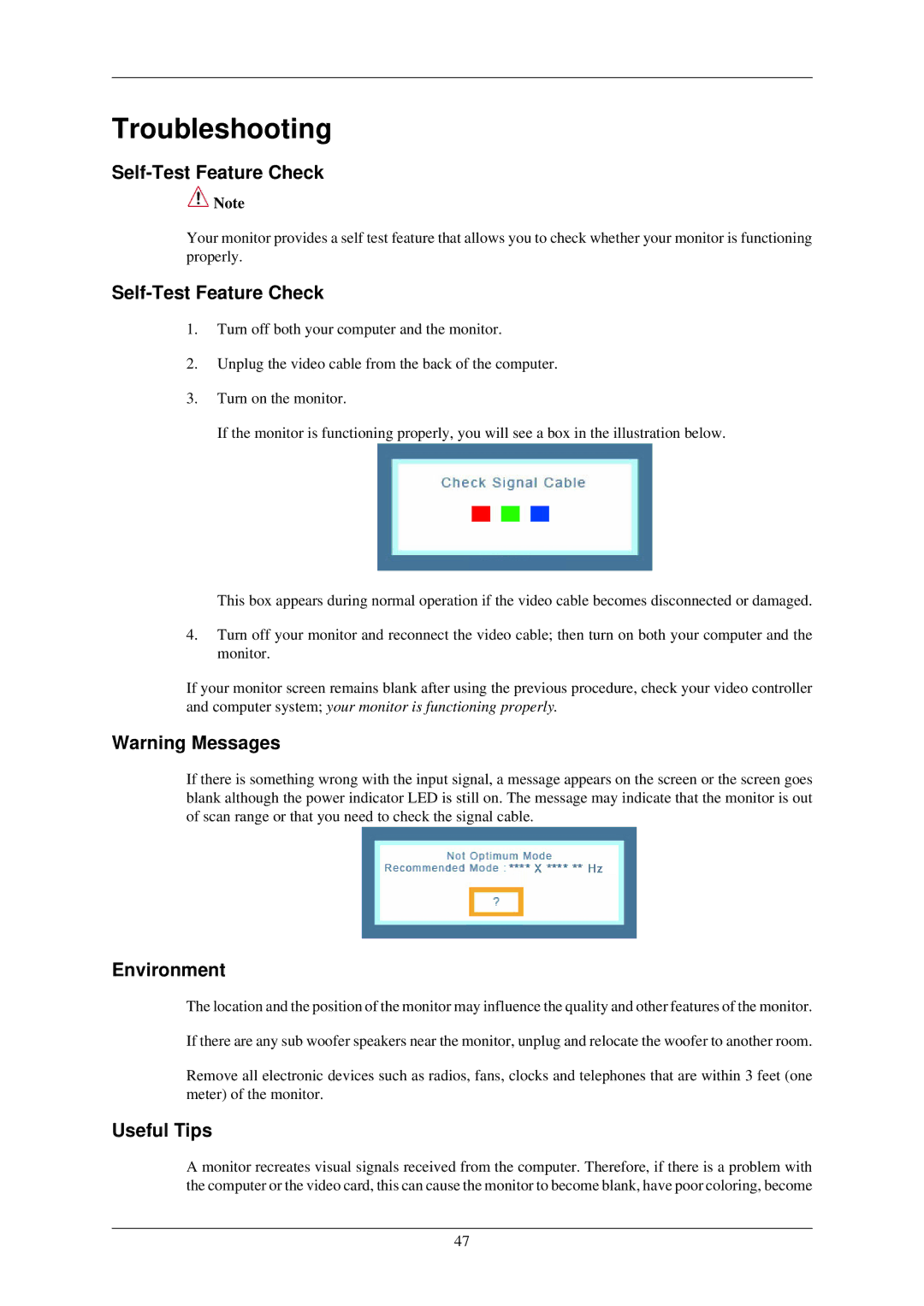 Samsung LS22MYLKF/CLT, LS22MYLKF/EDC, LS22MYLKFZ/EDC Troubleshooting, Self-Test Feature Check, Environment, Useful Tips 