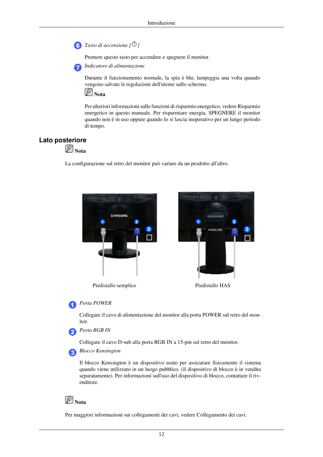 Samsung LS22MYLKF/CLT, LS22MYLKF/EDC manual Lato posteriore, Indicatore di alimentazione 