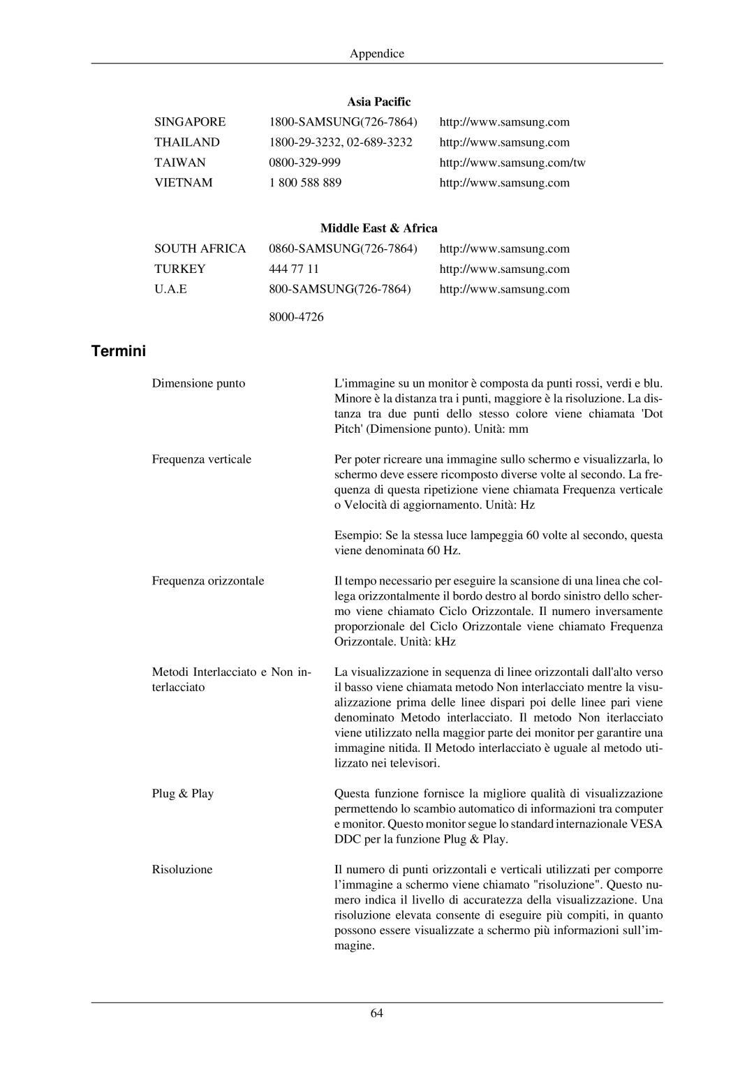 Samsung LS22MYLKF/CLT, LS22MYLKF/EDC manual Termini, Middle East & Africa 