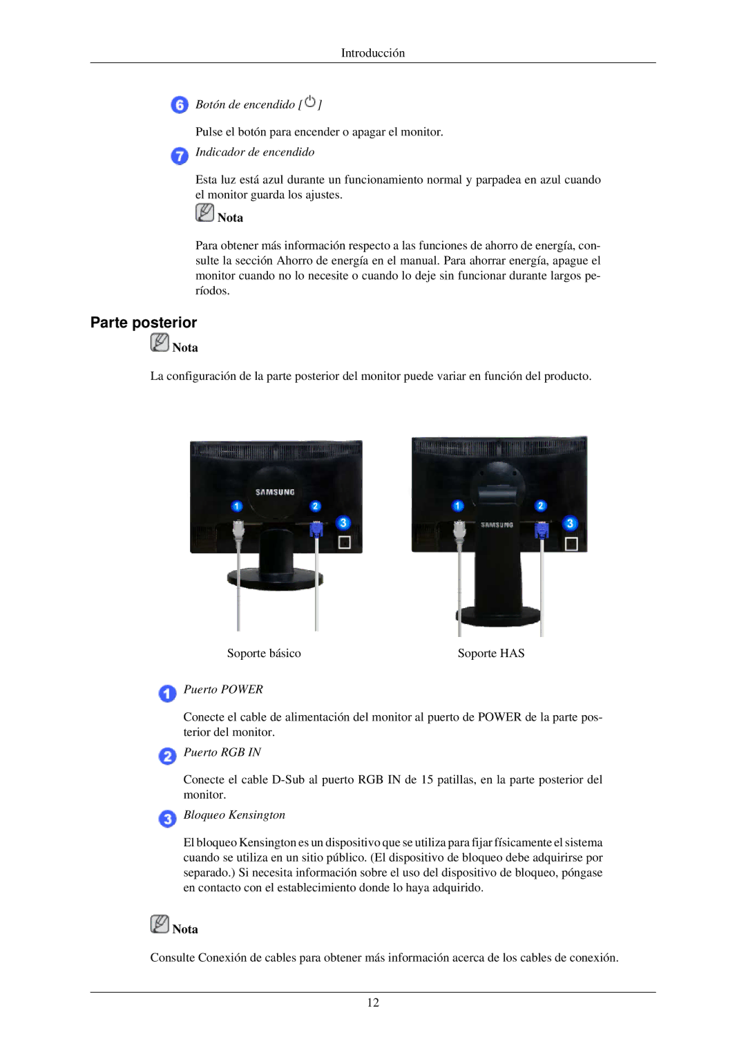 Samsung LS22MYLKFZ/EDC, LS22MYLKF/EDC manual Parte posterior, Indicador de encendido 