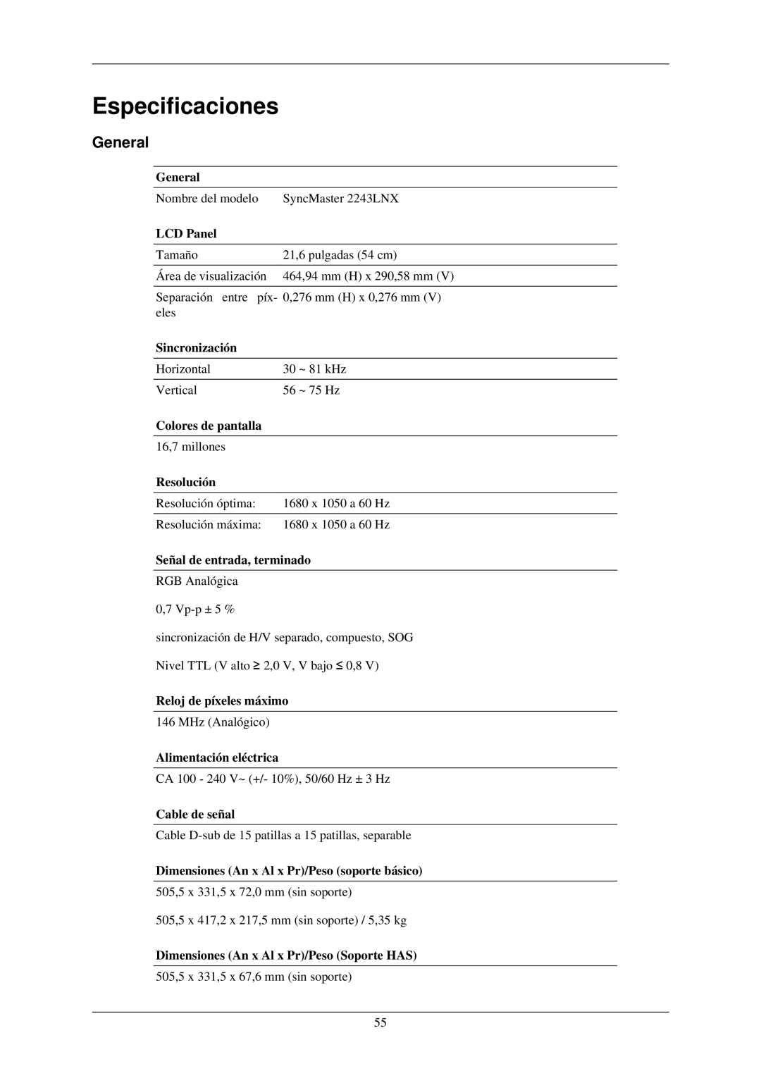 Samsung LS22MYLKF/EDC, LS22MYLKFZ/EDC manual Especificaciones, General 