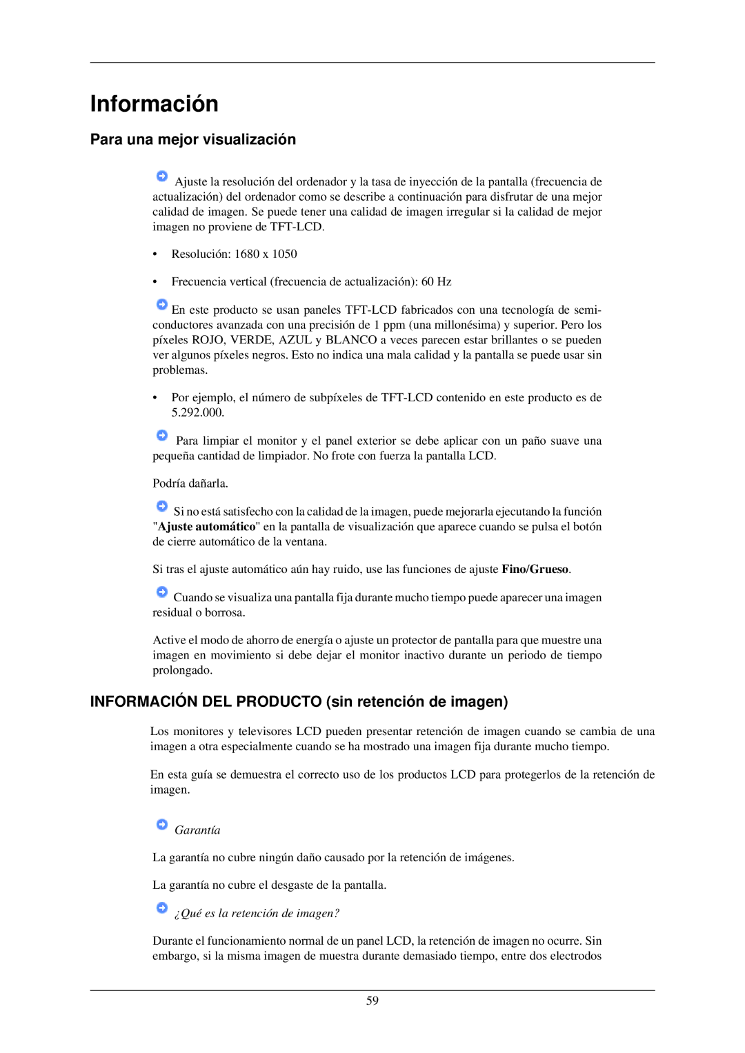 Samsung LS22MYLKF/EDC, LS22MYLKFZ/EDC Para una mejor visualización, Información DEL Producto sin retención de imagen 