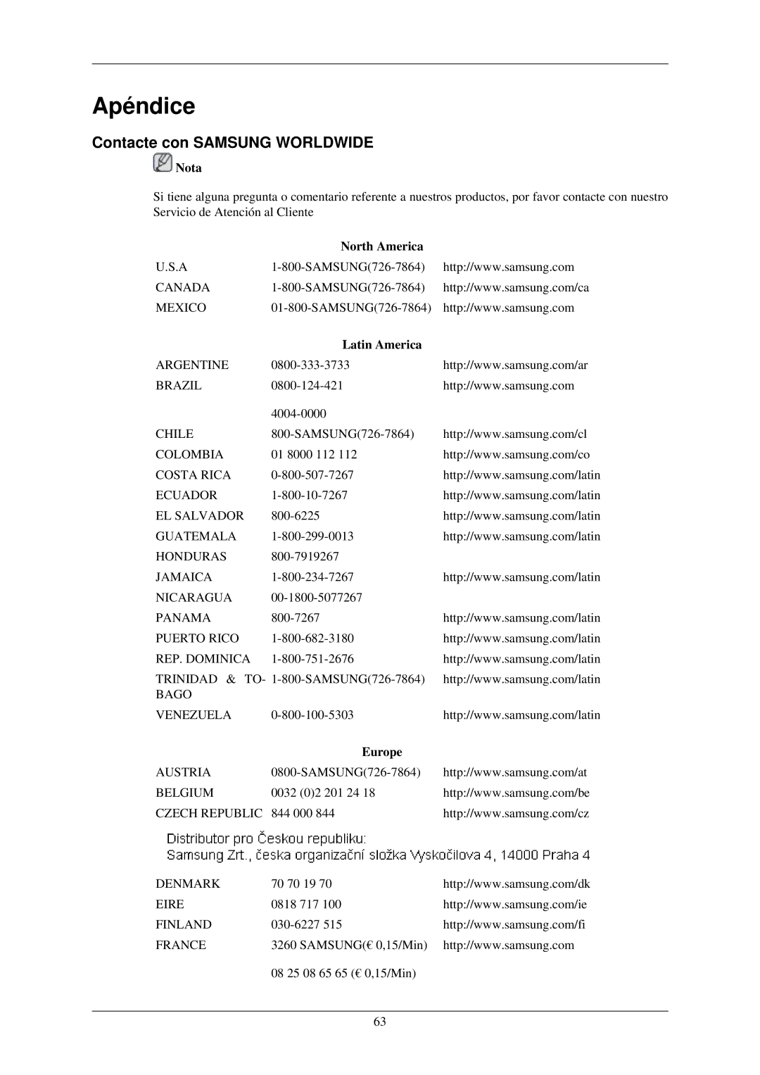 Samsung LS22MYLKF/EDC, LS22MYLKFZ/EDC manual Apéndice, Contacte con Samsung Worldwide, North America, Latin America, Europe 