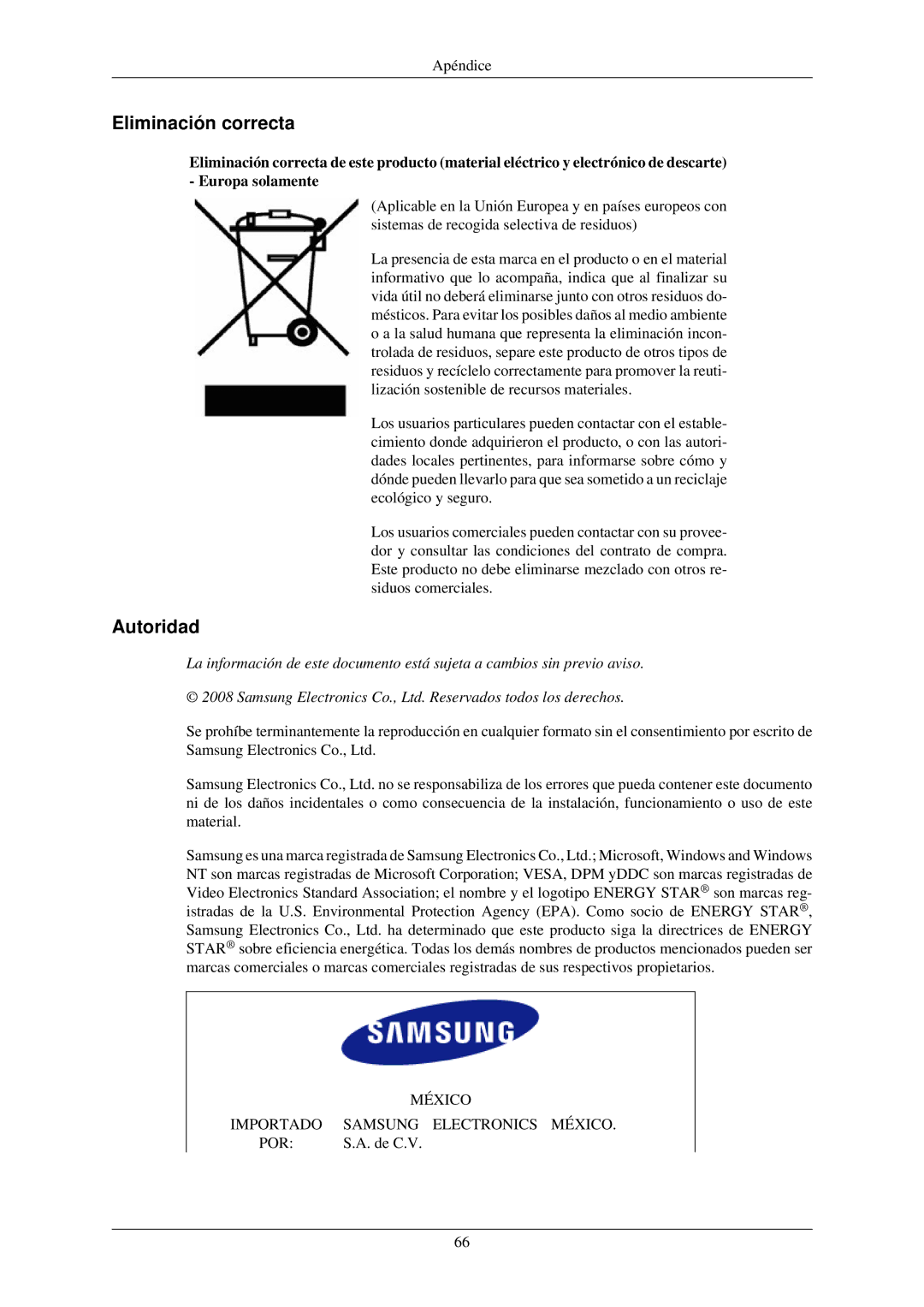 Samsung LS22MYLKFZ/EDC, LS22MYLKF/EDC manual Eliminación correcta, Autoridad 