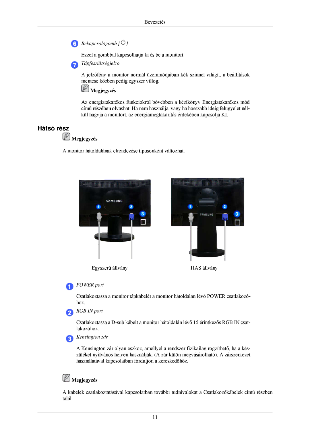 Samsung LS22MYLKF/EDC, LS22MYLKFZ/EDC manual Hátsó rész, Tápfeszültségjelzo 