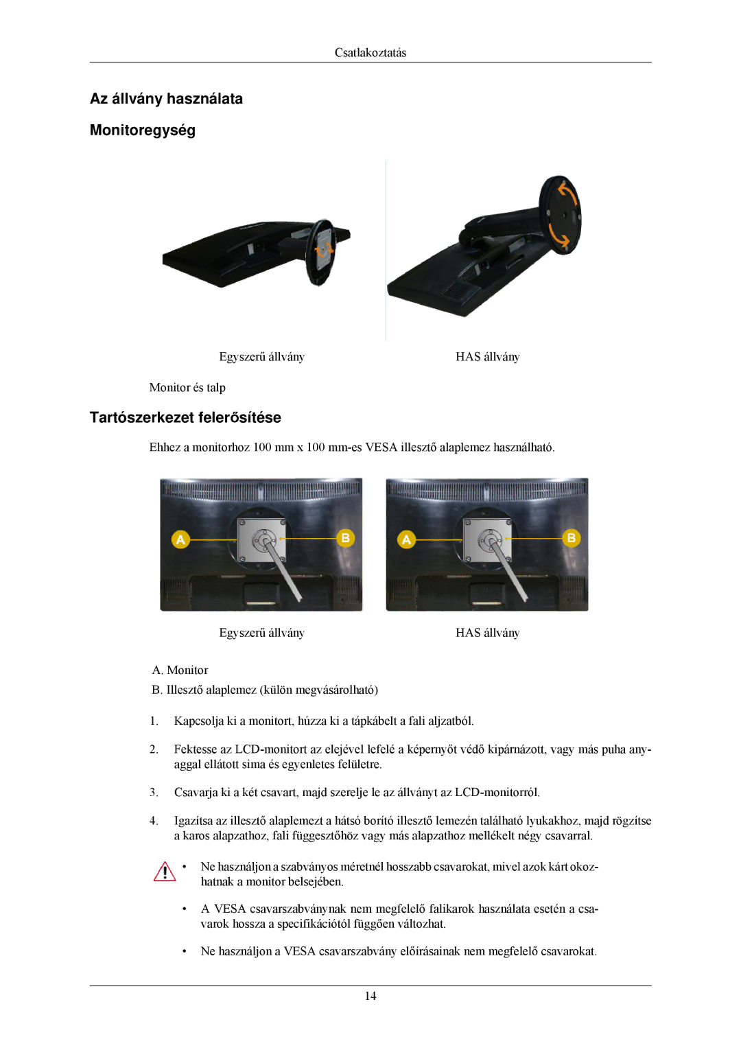 Samsung LS22MYLKFZ/EDC, LS22MYLKF/EDC manual Az állvány használata Monitoregység, Tartószerkezet felerősítése 