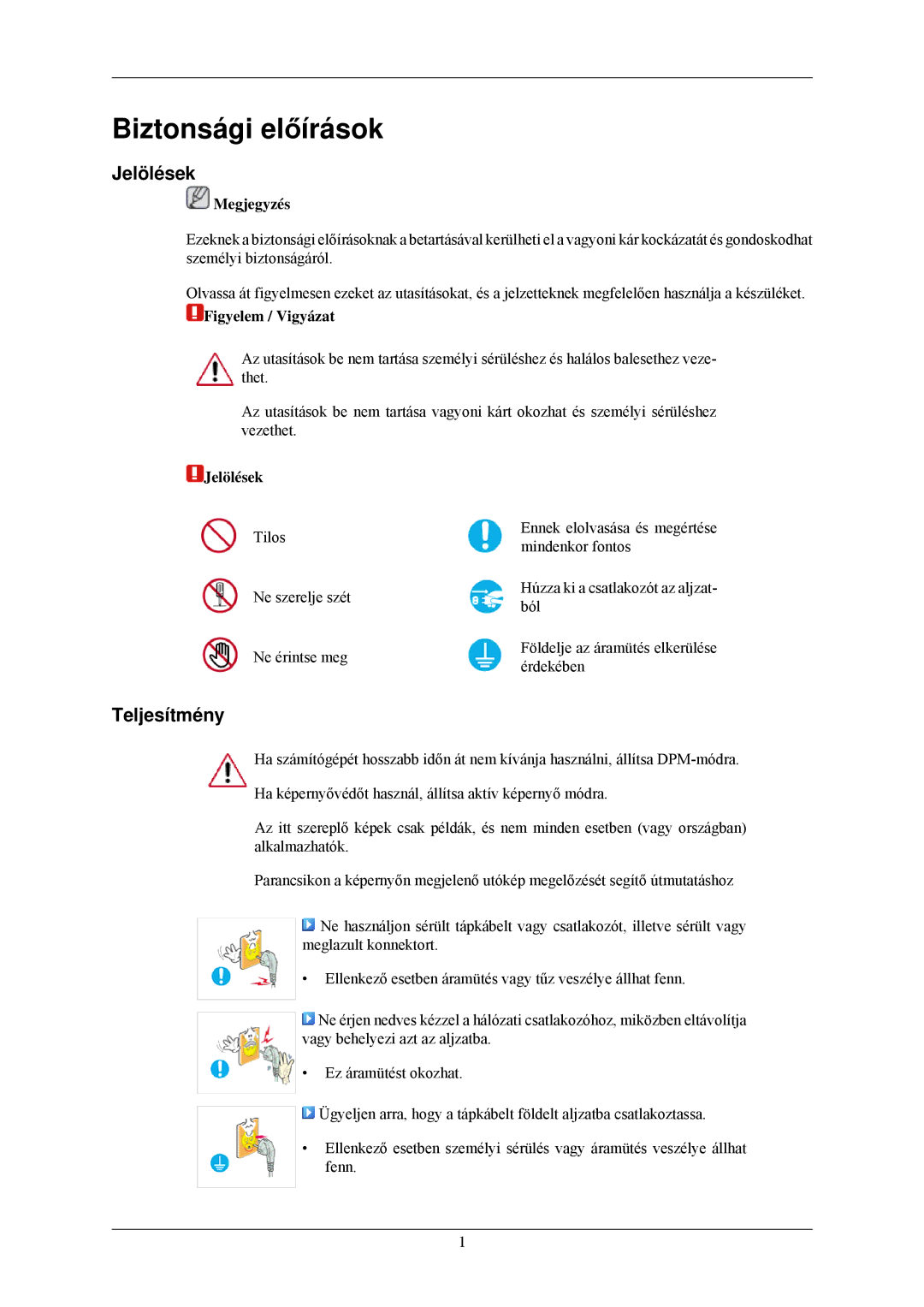 Samsung LS22MYLKF/EDC, LS22MYLKFZ/EDC manual Biztonsági előírások, Jelölések, Teljesítmény 