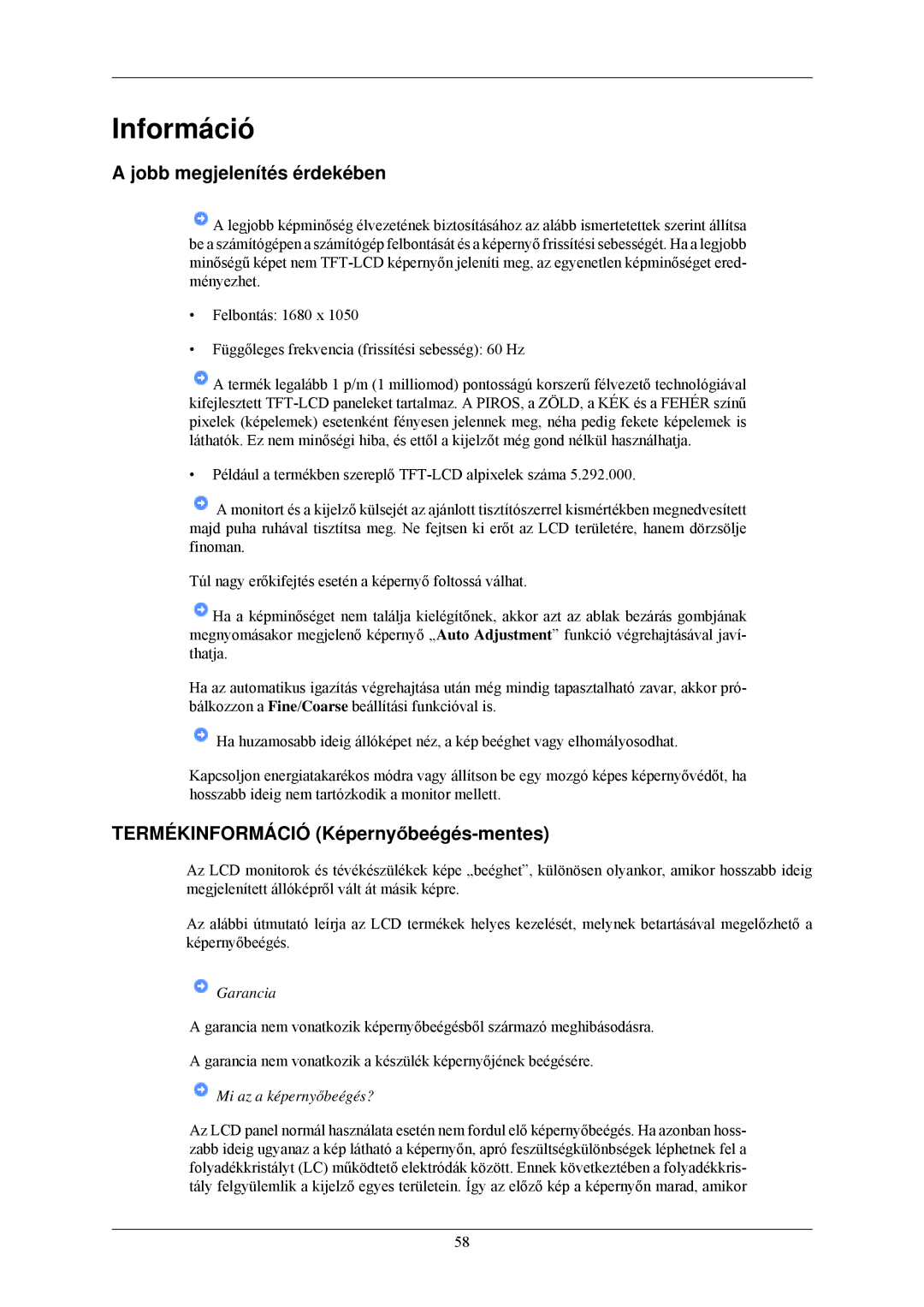 Samsung LS22MYLKFZ/EDC, LS22MYLKF/EDC manual Információ, Jobb megjelenítés érdekében, Termékinformáció Képernyőbeégés-mentes 