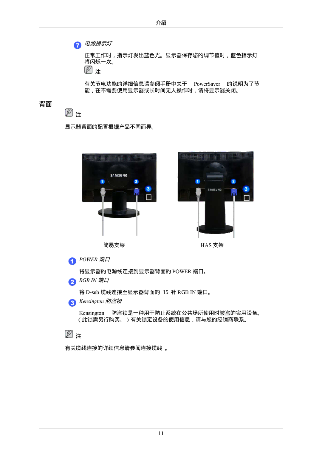 Samsung LS22MYLKF/EDC, LS22MYLKFZ/EDC manual 电源指示灯, Has 支架 