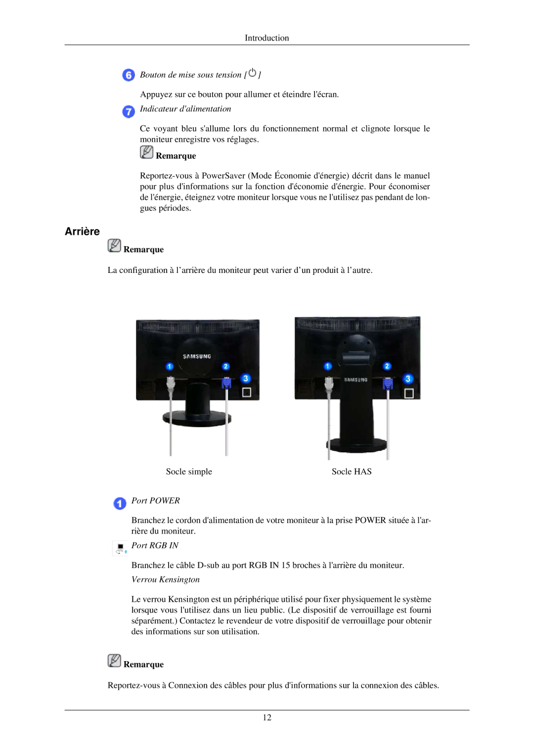 Samsung LS22MYLKF/EDC manual Arrière, Indicateur dalimentation 