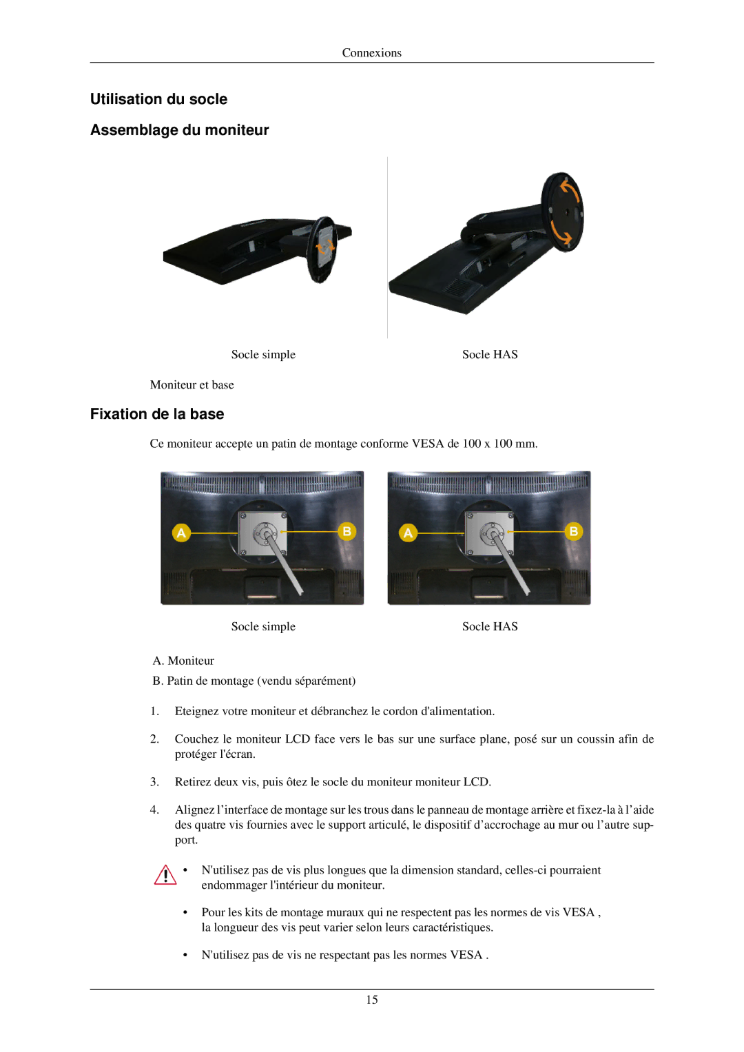 Samsung LS22MYLKF/EDC manual Utilisation du socle Assemblage du moniteur, Fixation de la base 