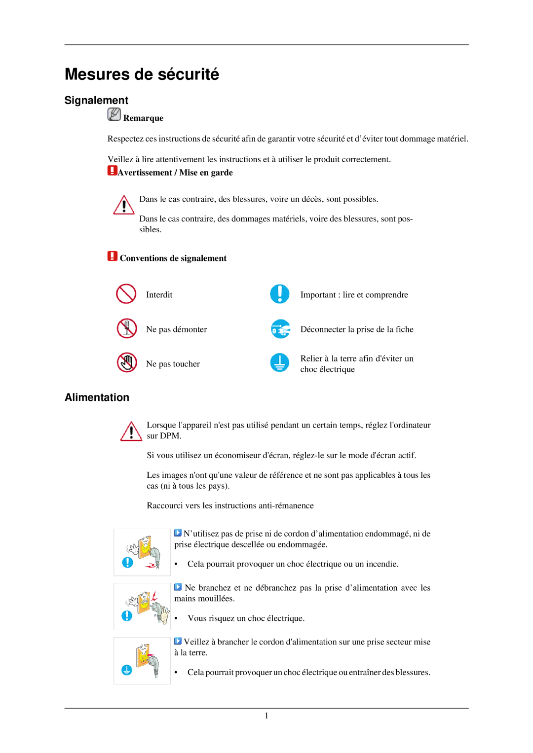 Samsung LS22MYLKF/EDC manual Mesures de sécurité, Signalement, Alimentation 