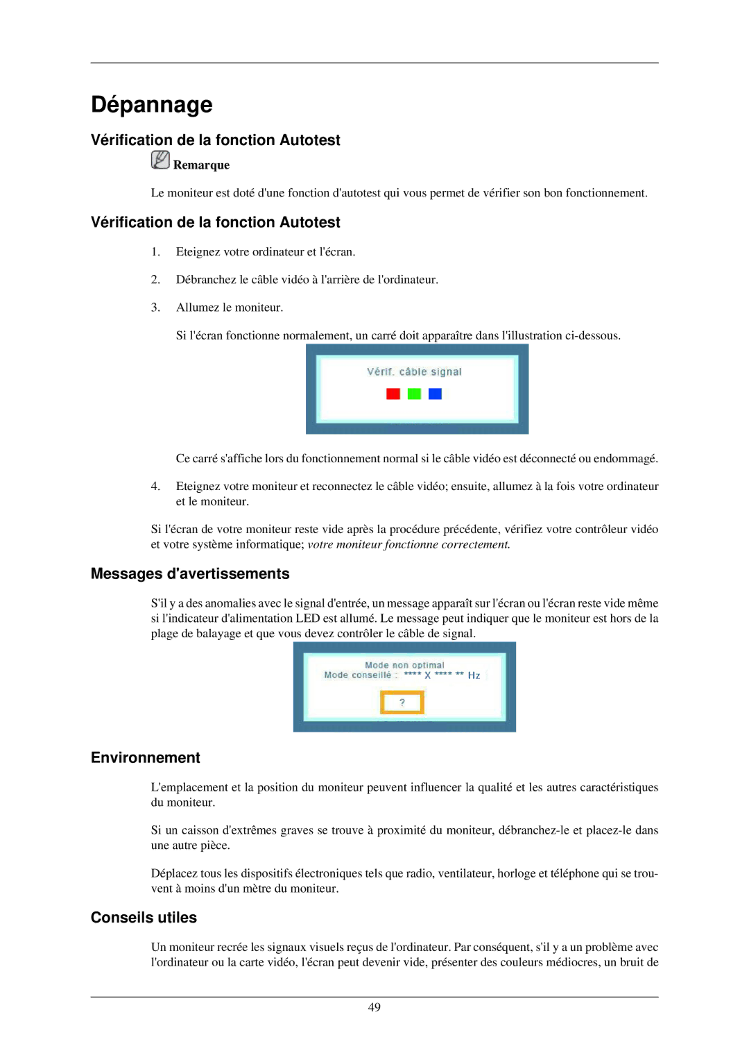 Samsung LS22MYLKF/EDC manual Dépannage, Vérification de la fonction Autotest, Messages davertissements, Environnement 