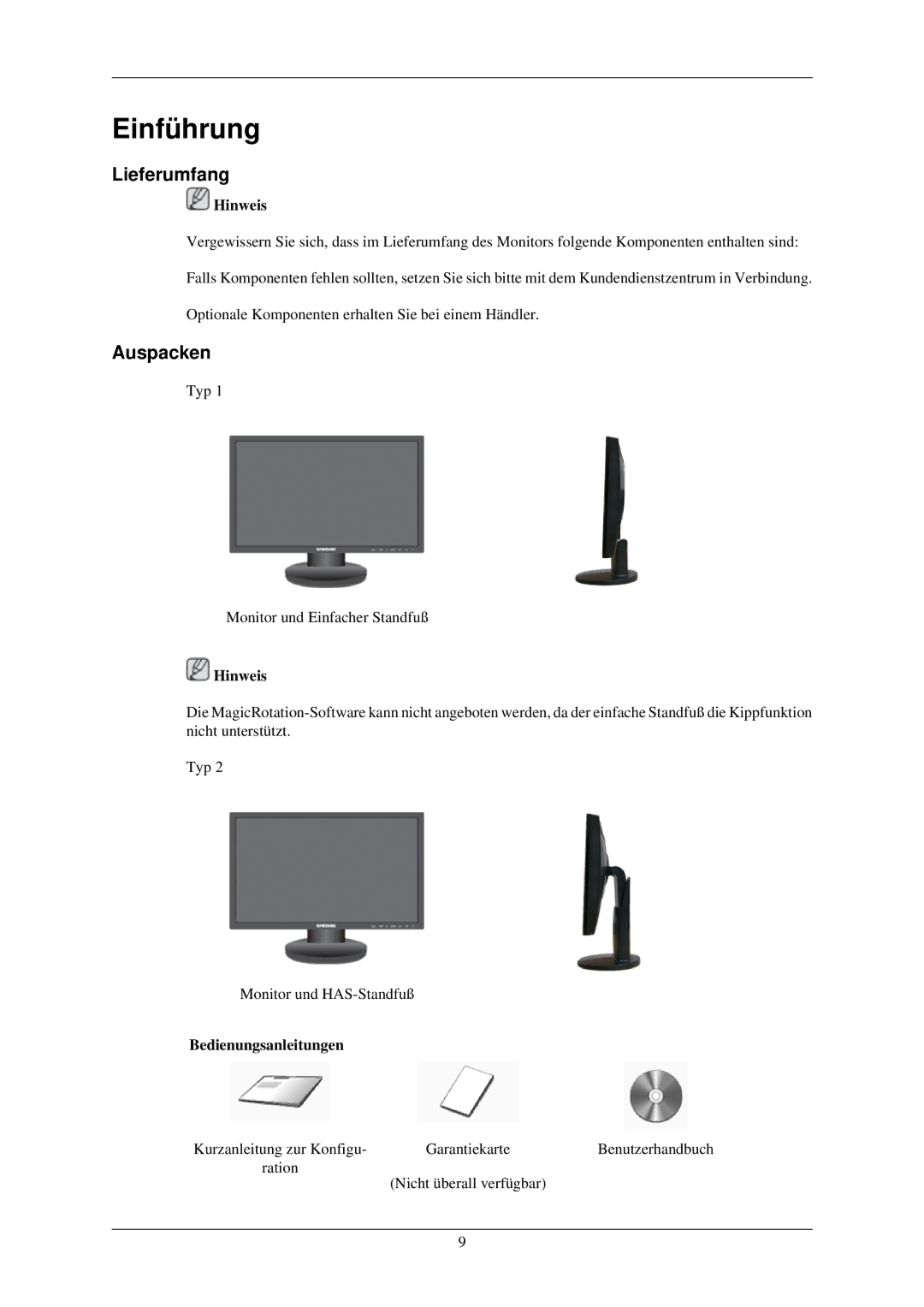 Samsung LS22MYLKF/EDC manual Einführung, Lieferumfang, Auspacken, Bedienungsanleitungen 