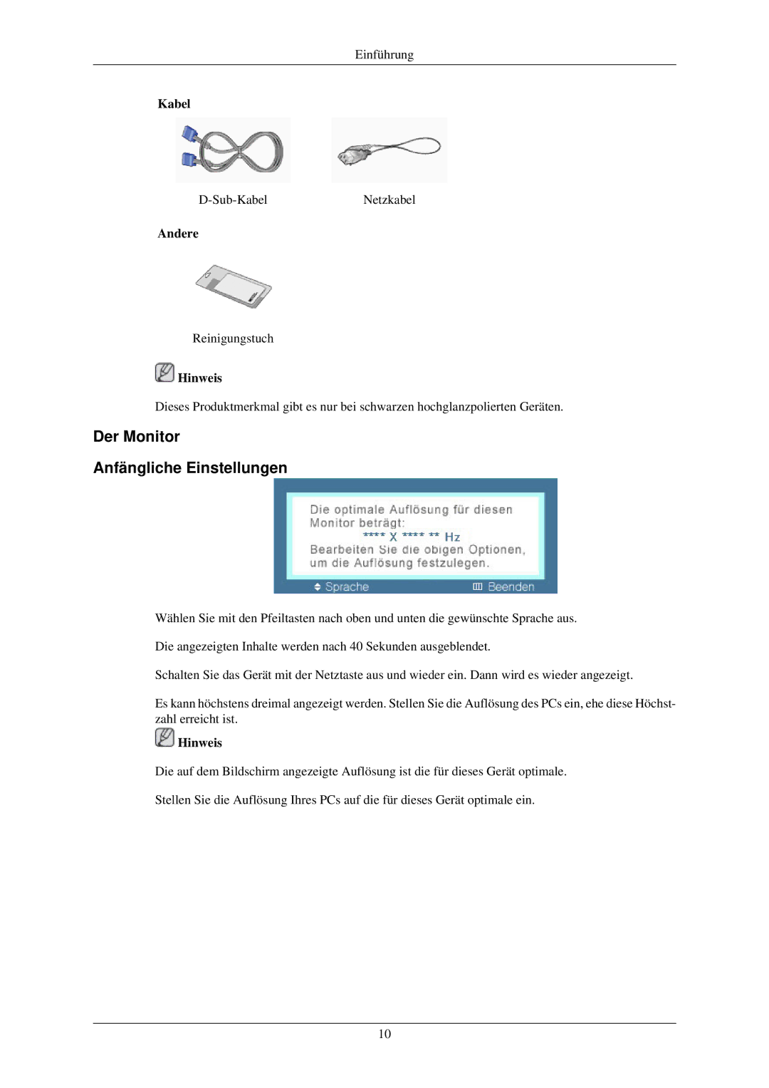 Samsung LS22MYLKF/EDC manual Der Monitor Anfängliche Einstellungen, Kabel, Andere 