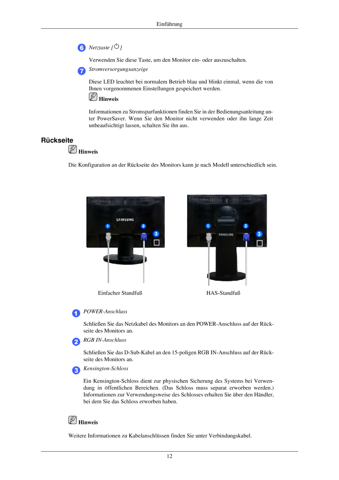 Samsung LS22MYLKF/EDC manual Rückseite, Stromversorgungsanzeige 