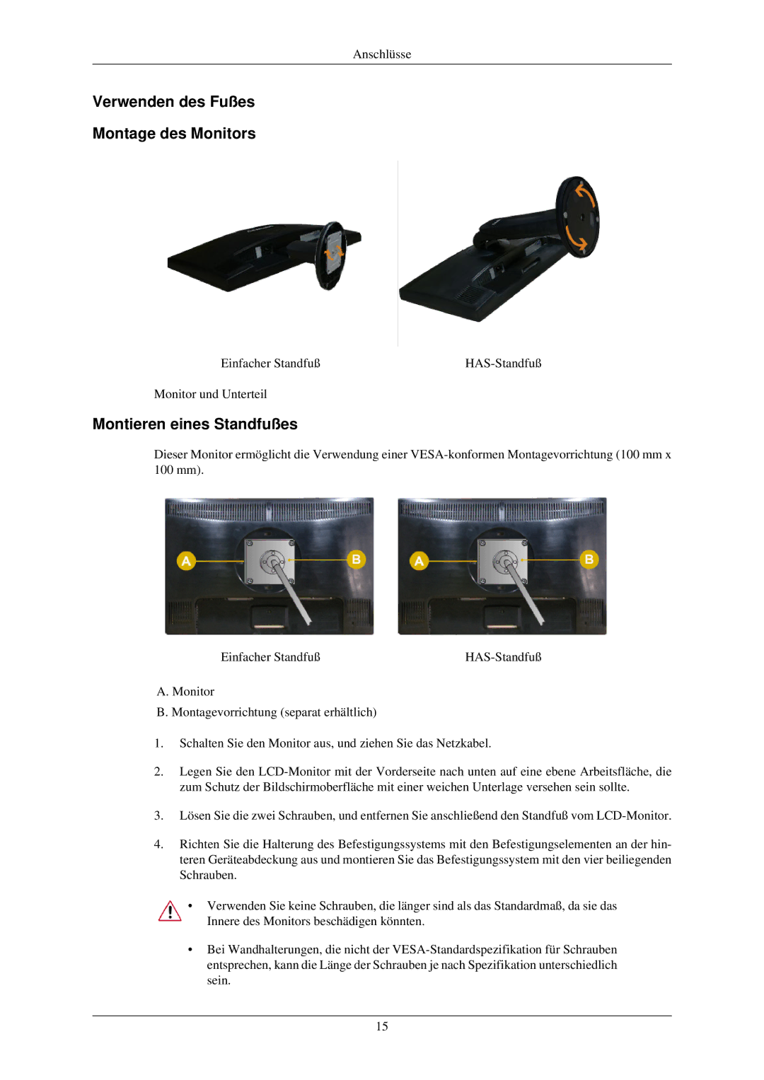 Samsung LS22MYLKF/EDC manual Verwenden des Fußes Montage des Monitors, Montieren eines Standfußes 