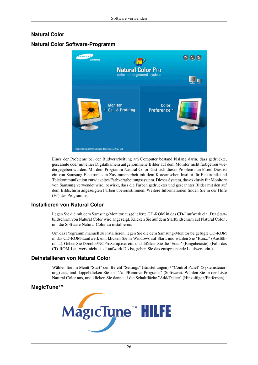 Samsung LS22MYLKF/EDC manual Natural Color Natural Color Software-Programm, Installieren von Natural Color, MagicTune 