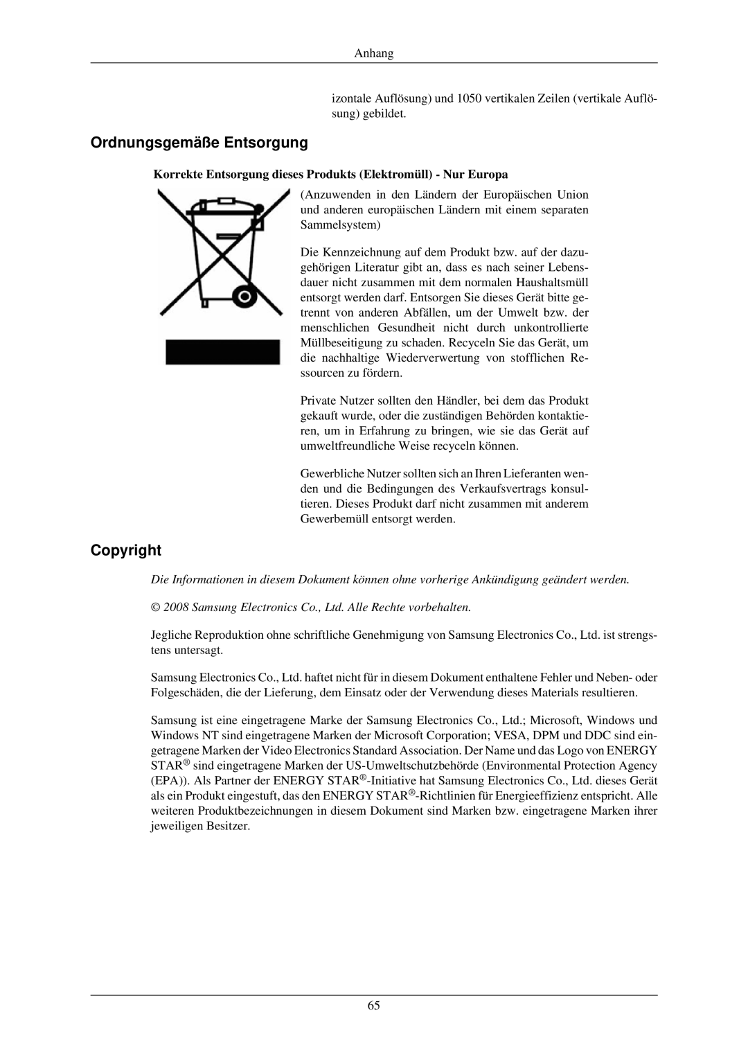 Samsung LS22MYLKF/EDC Ordnungsgemäße Entsorgung, Copyright, Korrekte Entsorgung dieses Produkts Elektromüll Nur Europa 