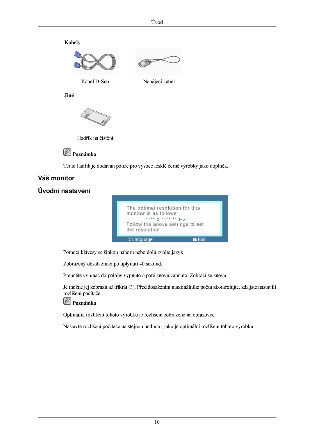 Samsung LS22MYLKF/EDC manual Váš monitor Úvodní nastavení, Kabely, Jiné 