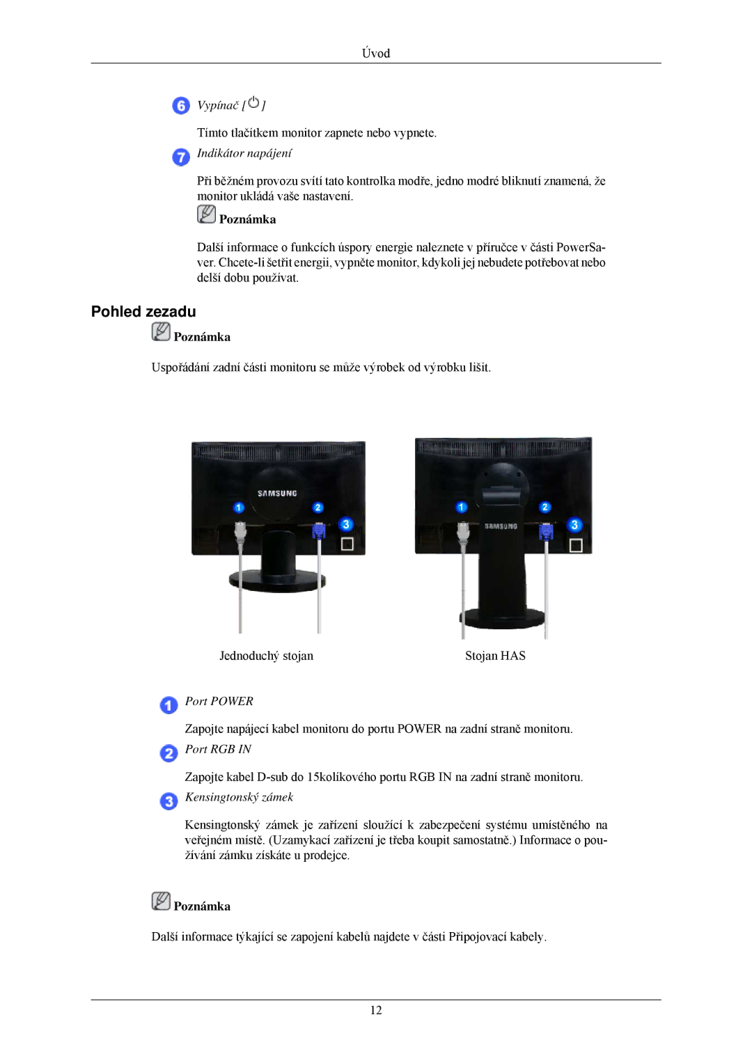 Samsung LS22MYLKF/EDC manual Pohled zezadu, Indikátor napájení 