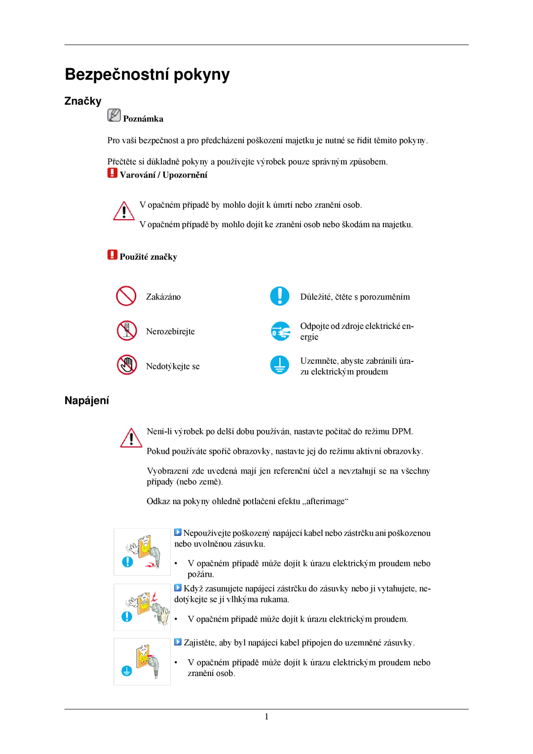 Samsung LS22MYLKF/EDC manual Bezpečnostní pokyny, Značky, Napájení 