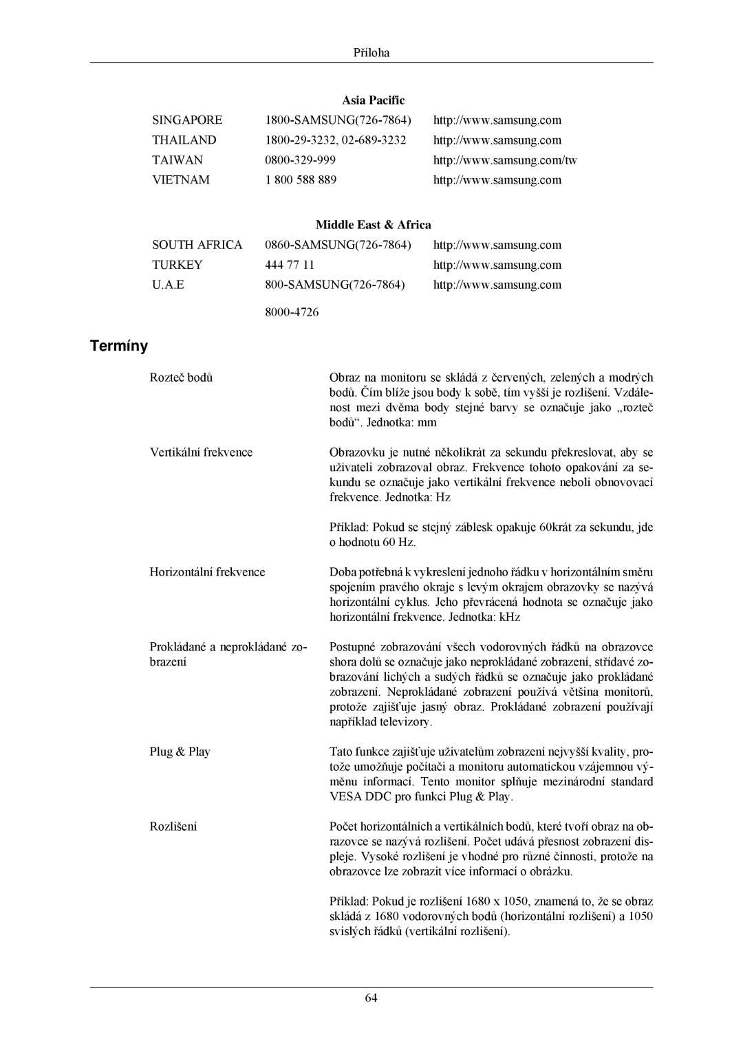 Samsung LS22MYLKF/EDC manual Termíny, Middle East & Africa 