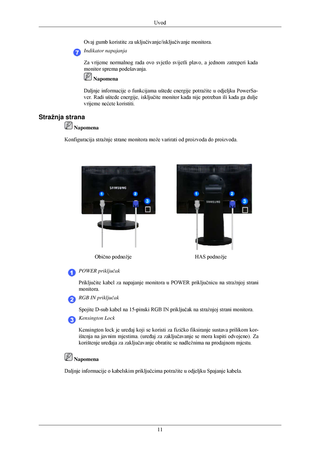 Samsung LS22MYLKF/EDC manual Stražnja strana, Indikator napajanja 