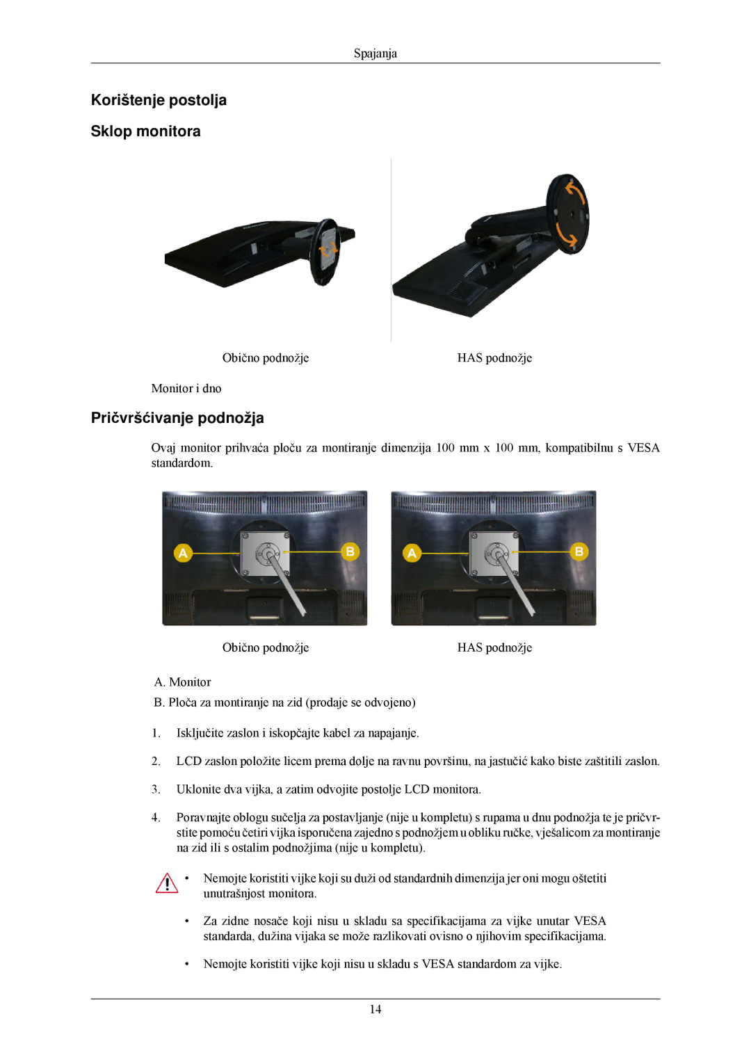 Samsung LS22MYLKF/EDC manual Korištenje postolja Sklop monitora, Pričvršćivanje podnožja 