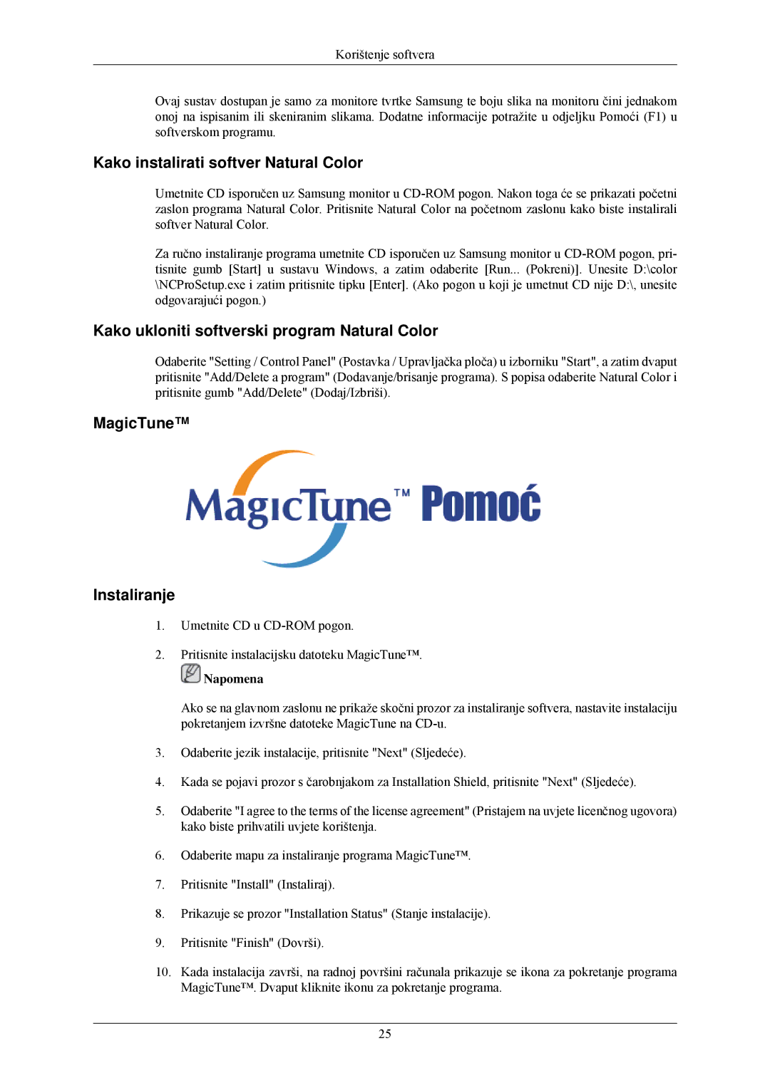Samsung LS22MYLKF/EDC manual Kako instalirati softver Natural Color, Kako ukloniti softverski program Natural Color 