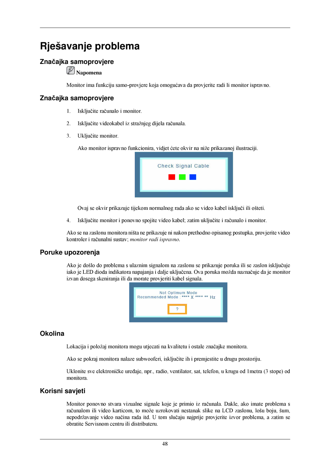 Samsung LS22MYLKF/EDC manual Rješavanje problema, Značajka samoprovjere, Poruke upozorenja, Okolina, Korisni savjeti 