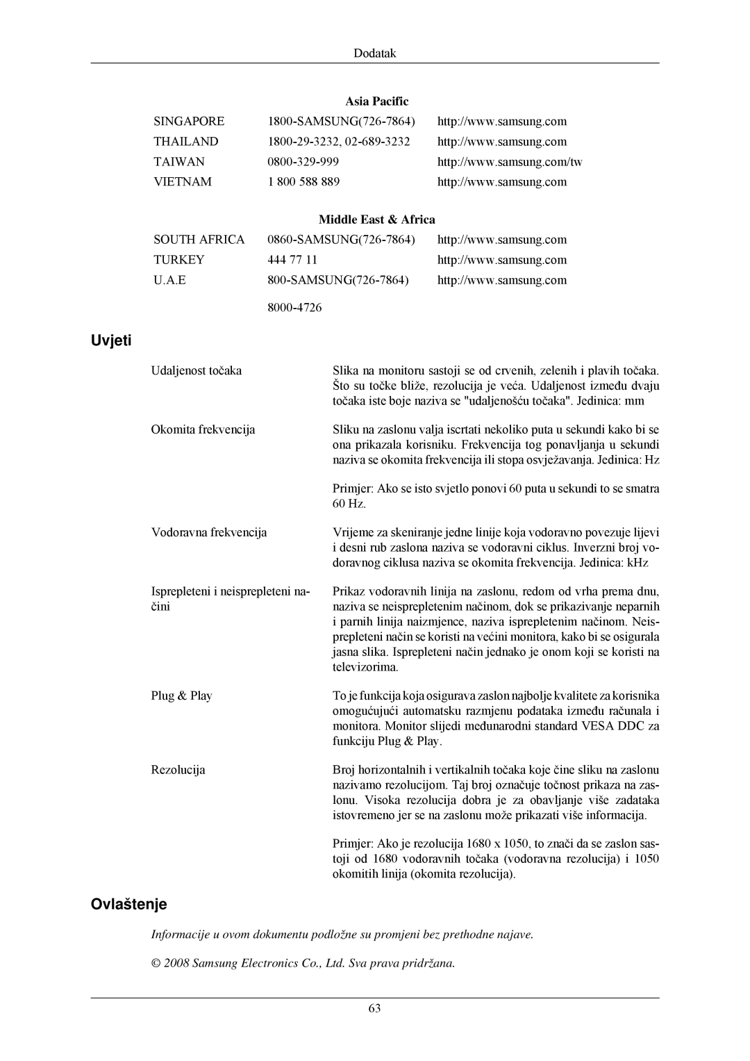 Samsung LS22MYLKF/EDC manual Uvjeti, Ovlaštenje, Middle East & Africa 